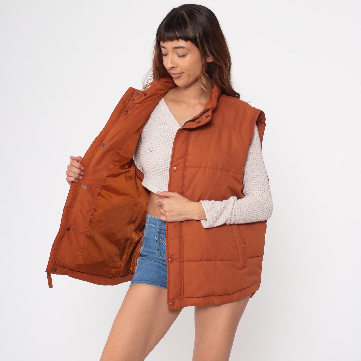 Y2K St Johns Bay Burnt Orange Puffer Vest Quilted Zip Snap Collar Extra Large XL