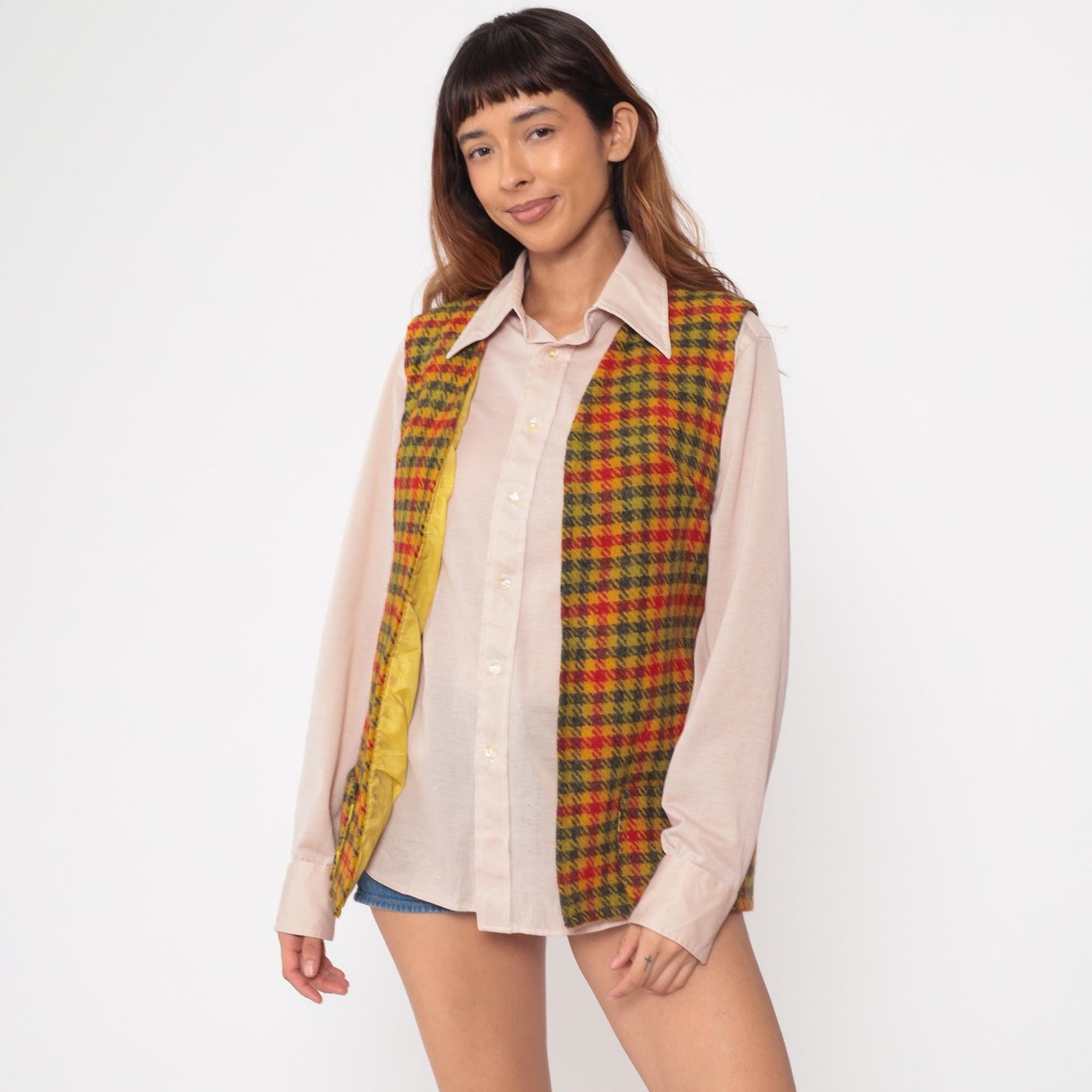 70s Plaid Wool Vest Mustard Red Green Tartan Check Small S