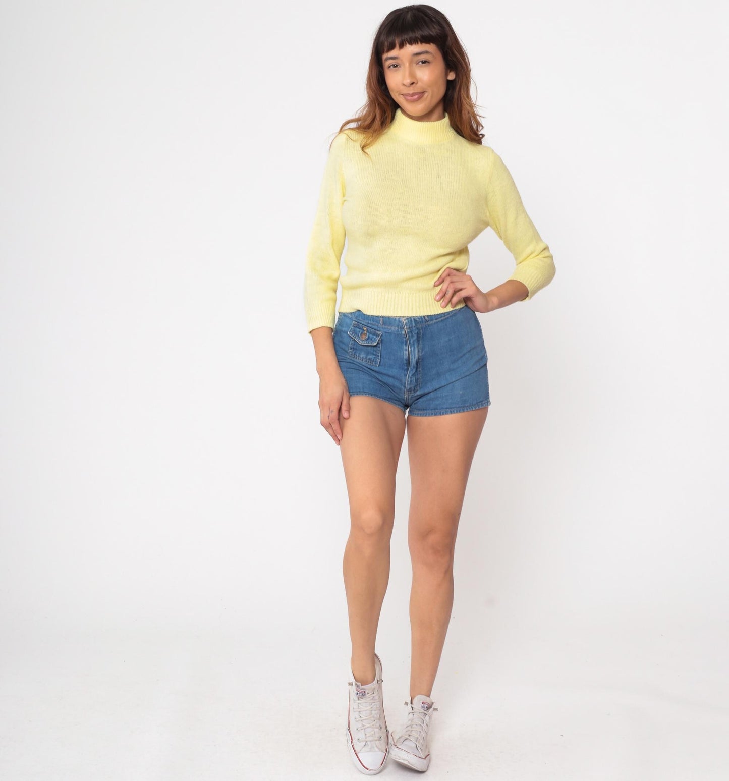 70s Yellow Knit Sweater Mock Neck Raglan Pullover Extra Small XS