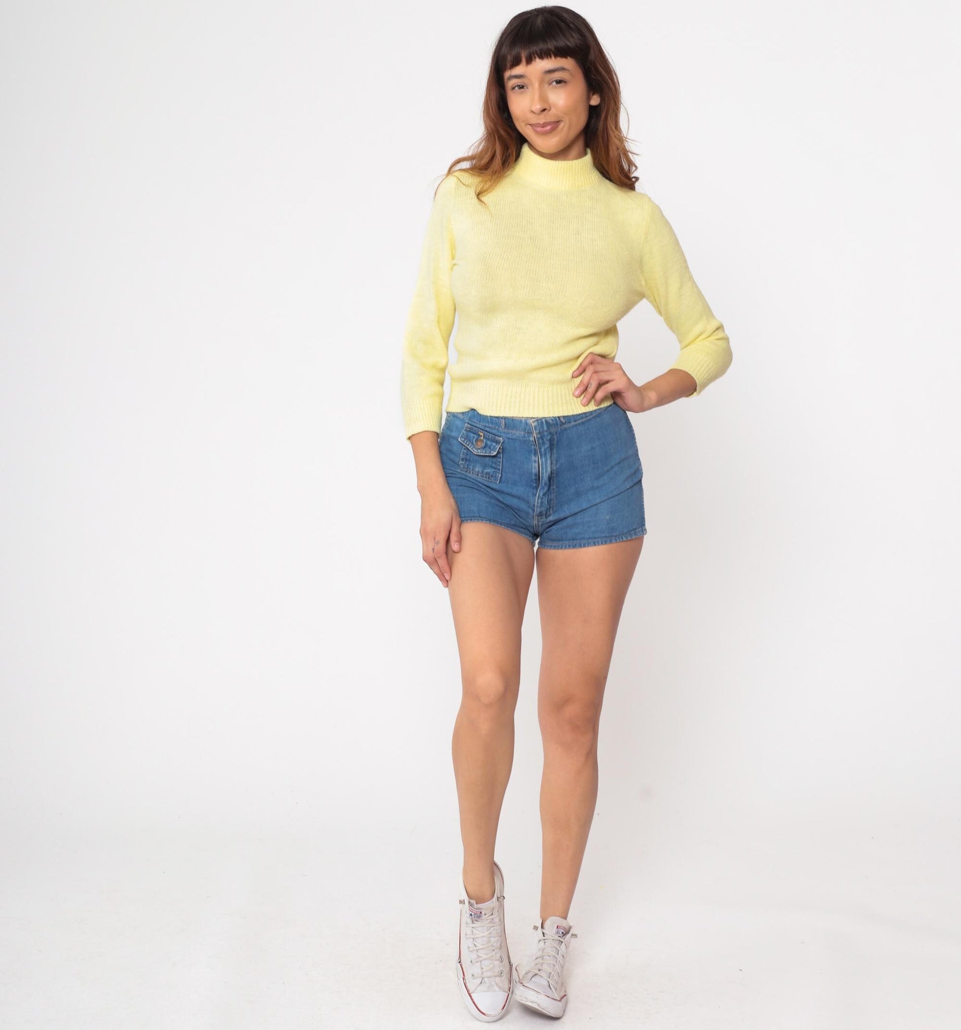 70s Yellow Knit Sweater Mock Neck Raglan Pullover Extra Small XS