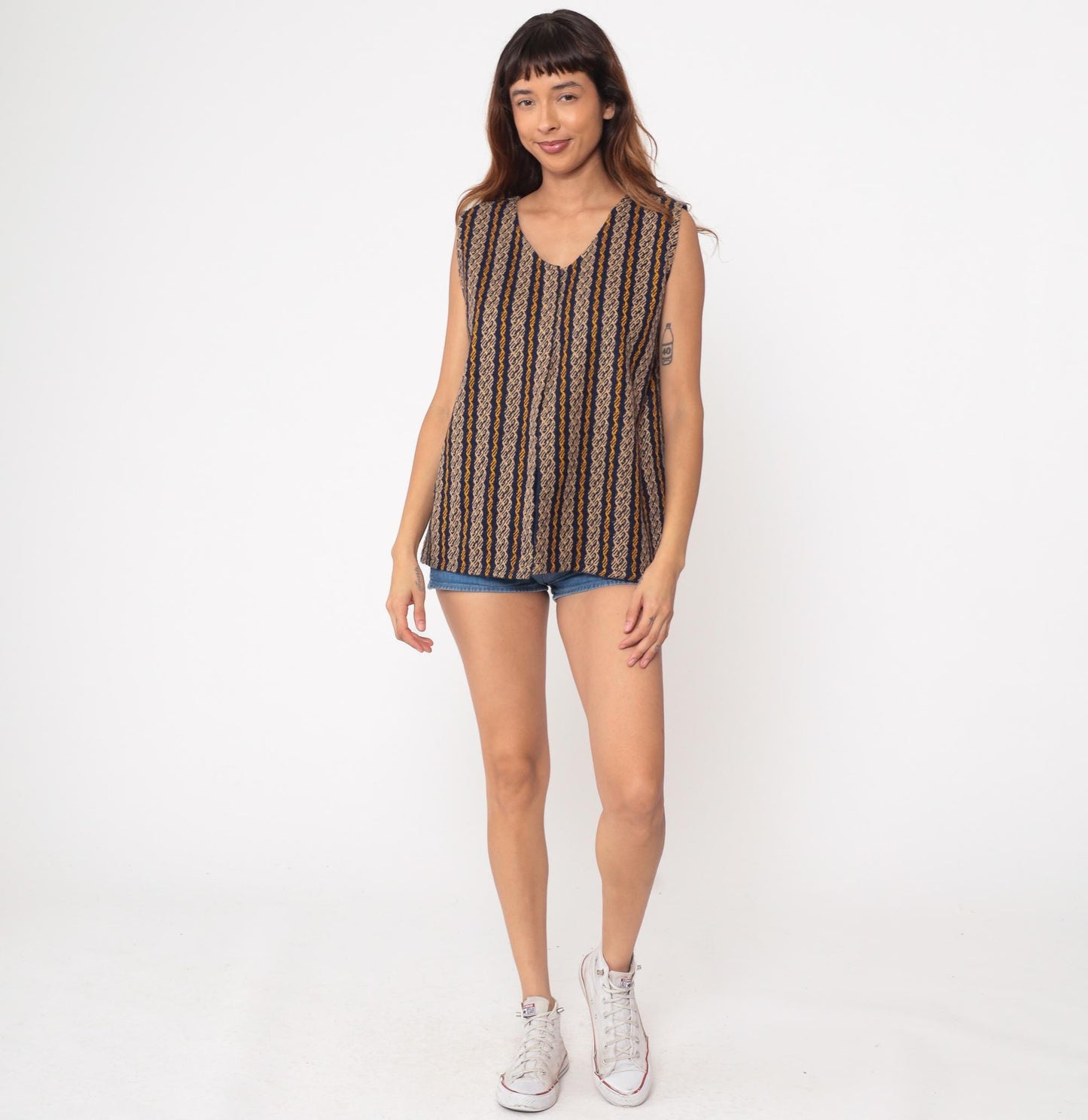 70s Geometric Woven Vest Navy Mustard Tan Stripe V-Neck Sleeveless Small Medium