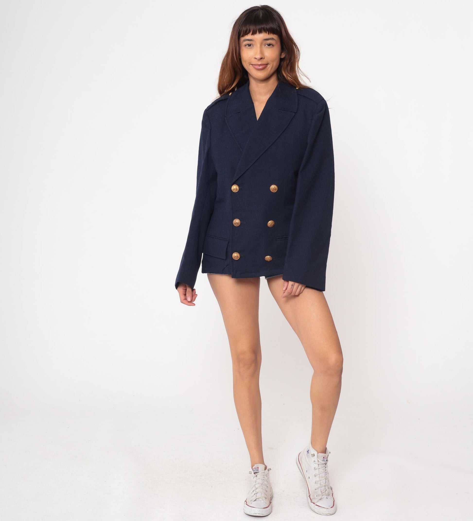 70s Navy Wool Blazer Anchor Gold Buttons Double-Breasted Medium
