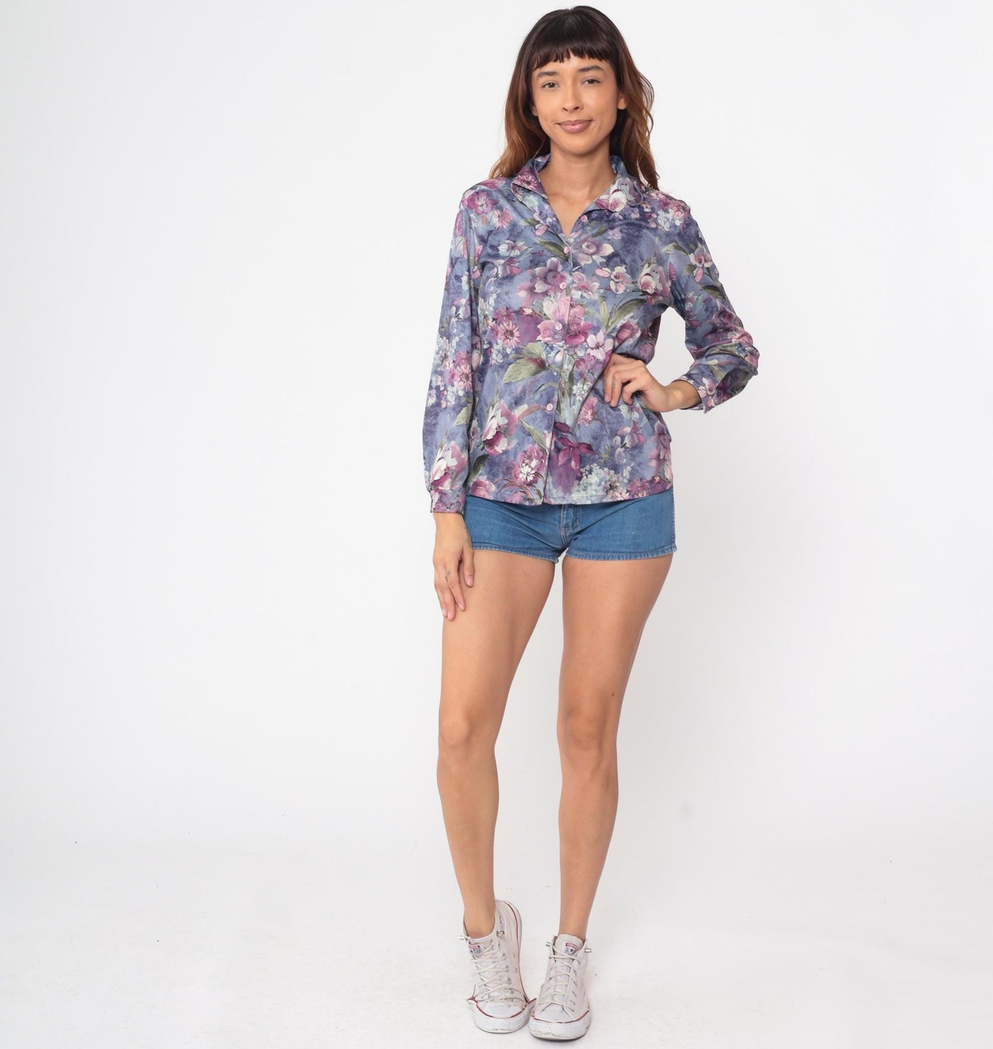 70s Lori Watercolor Floral Button Blouse Purple Pink Long Sleeve Small