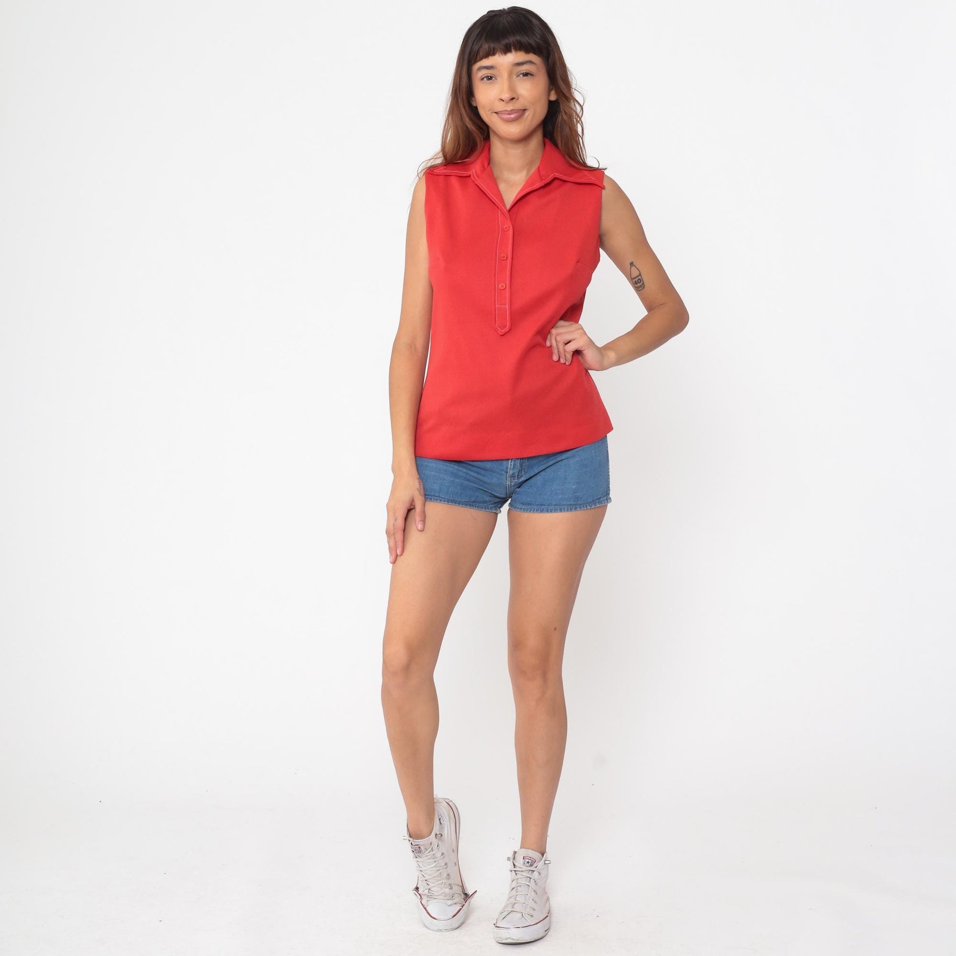 70s Pykettes Red Sleeveless Polo Collared Top Button Placket Medium