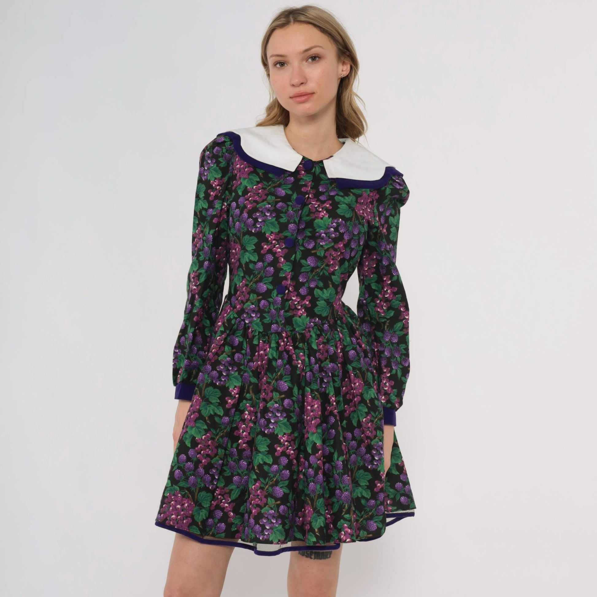 80s Bonnie Jean Purple Grape Print Dress Peter Pan Collar Extra Small XS