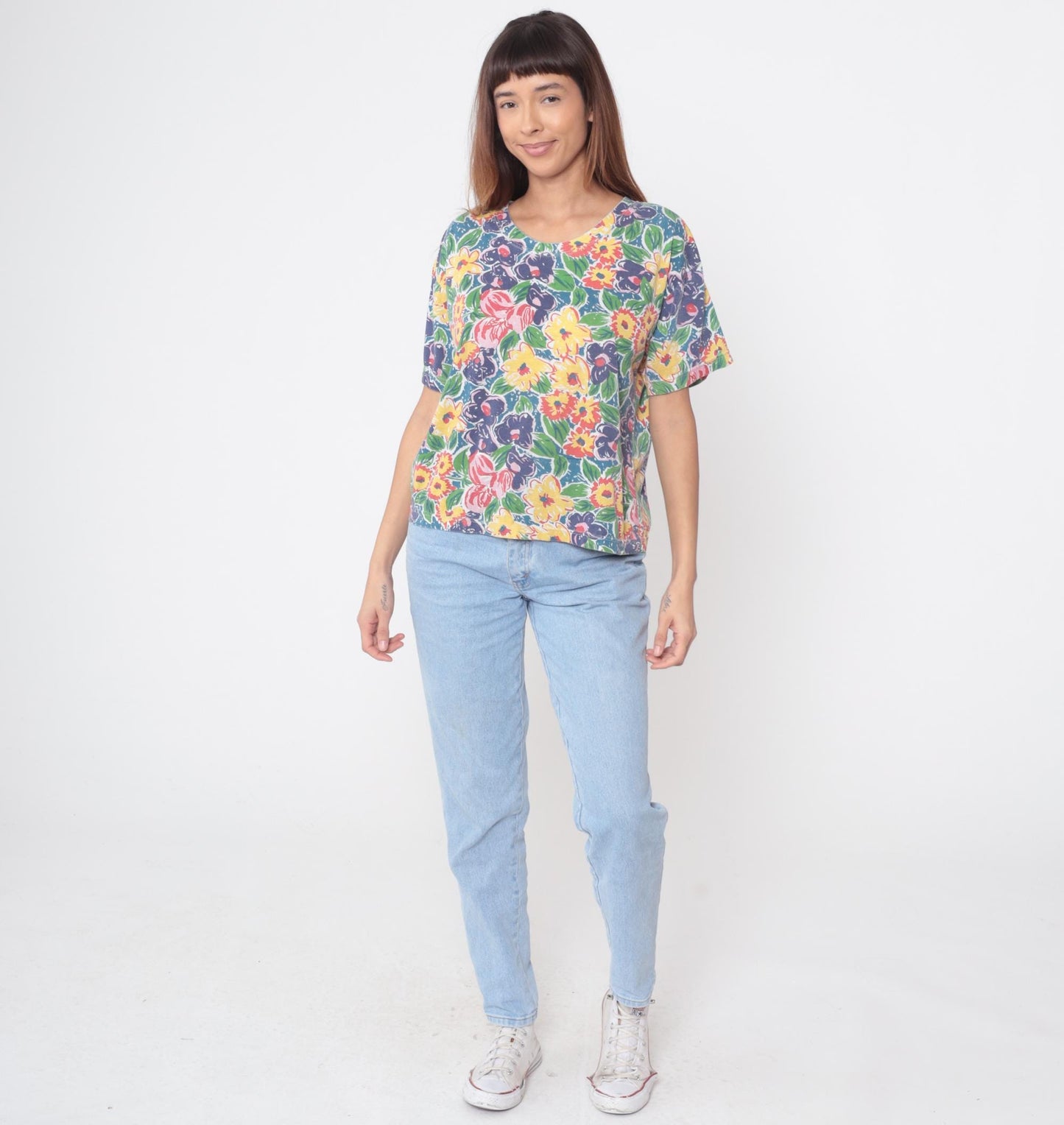 90s Emerald Isle Tropical Floral Blouse Botanical Print Scoop Neck Medium