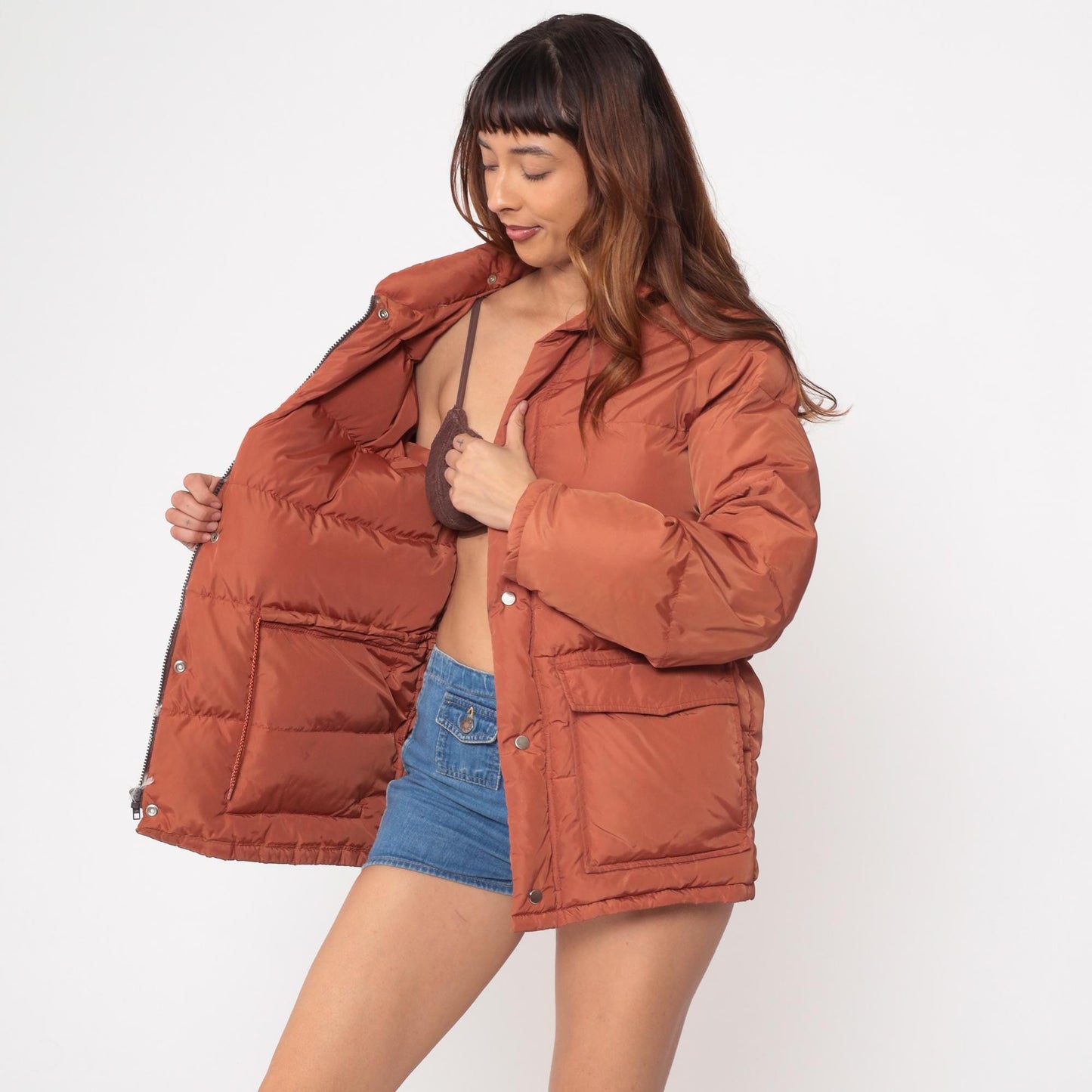70s Put On Shop Sears Down Puffer Jacket Rust Orange Quilted Small