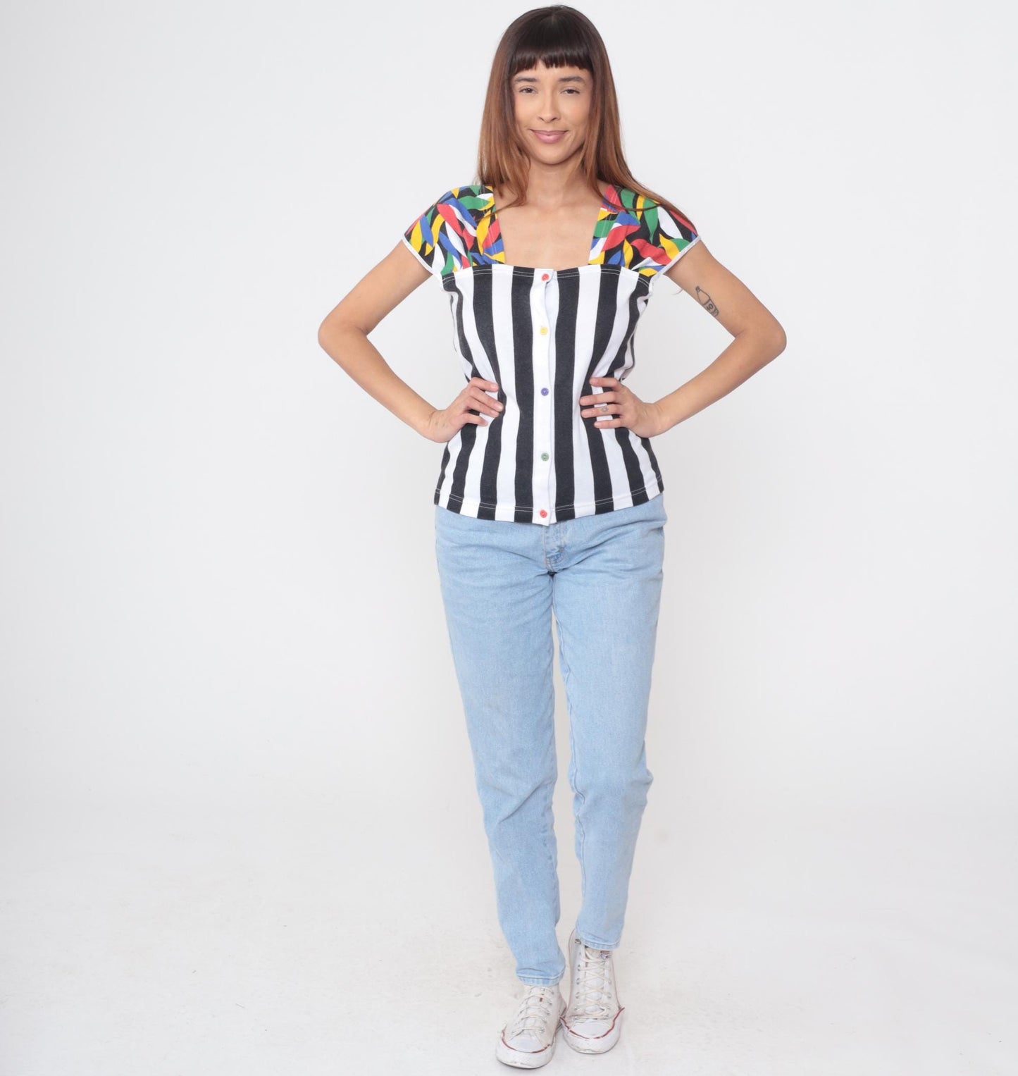 80s Lucie Ann Pattern Mix Top Stripe Geometric Colorblock Small S