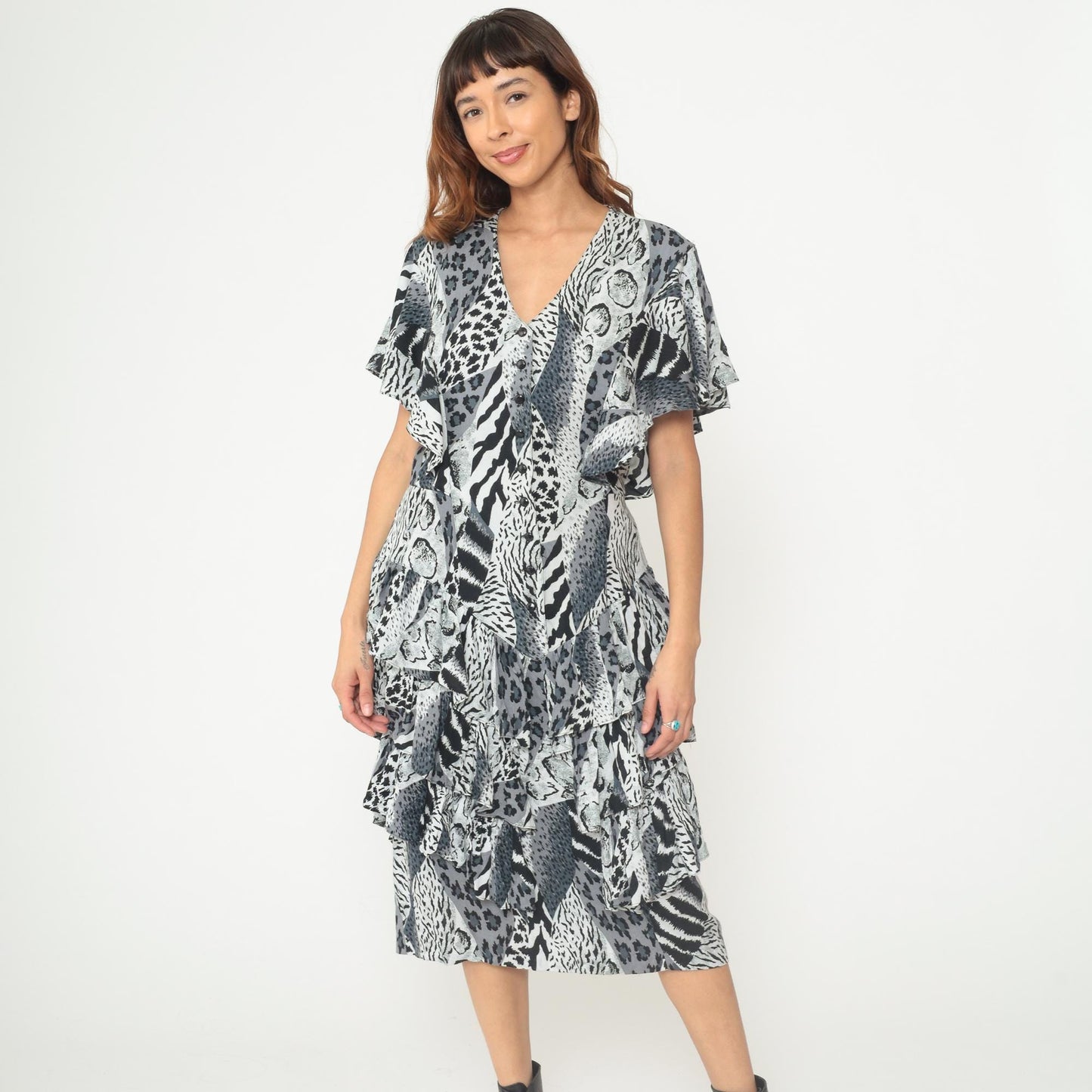 90s Animal Print Midi Dress Black White Leopard Zebra Button Front Flutter Sleeve Medium M
