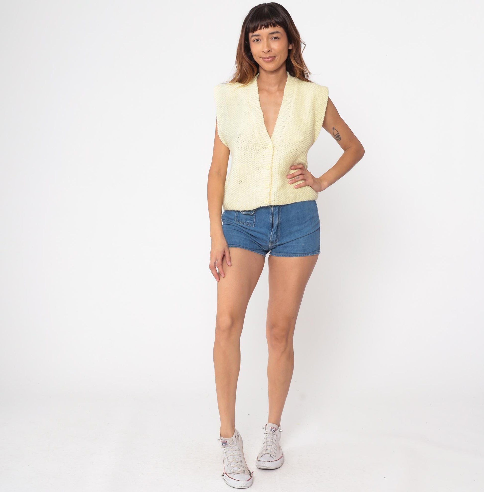 80s Yellow Sweater Vest Button-Up Deep V-Neck Sleeveless Knit Small
