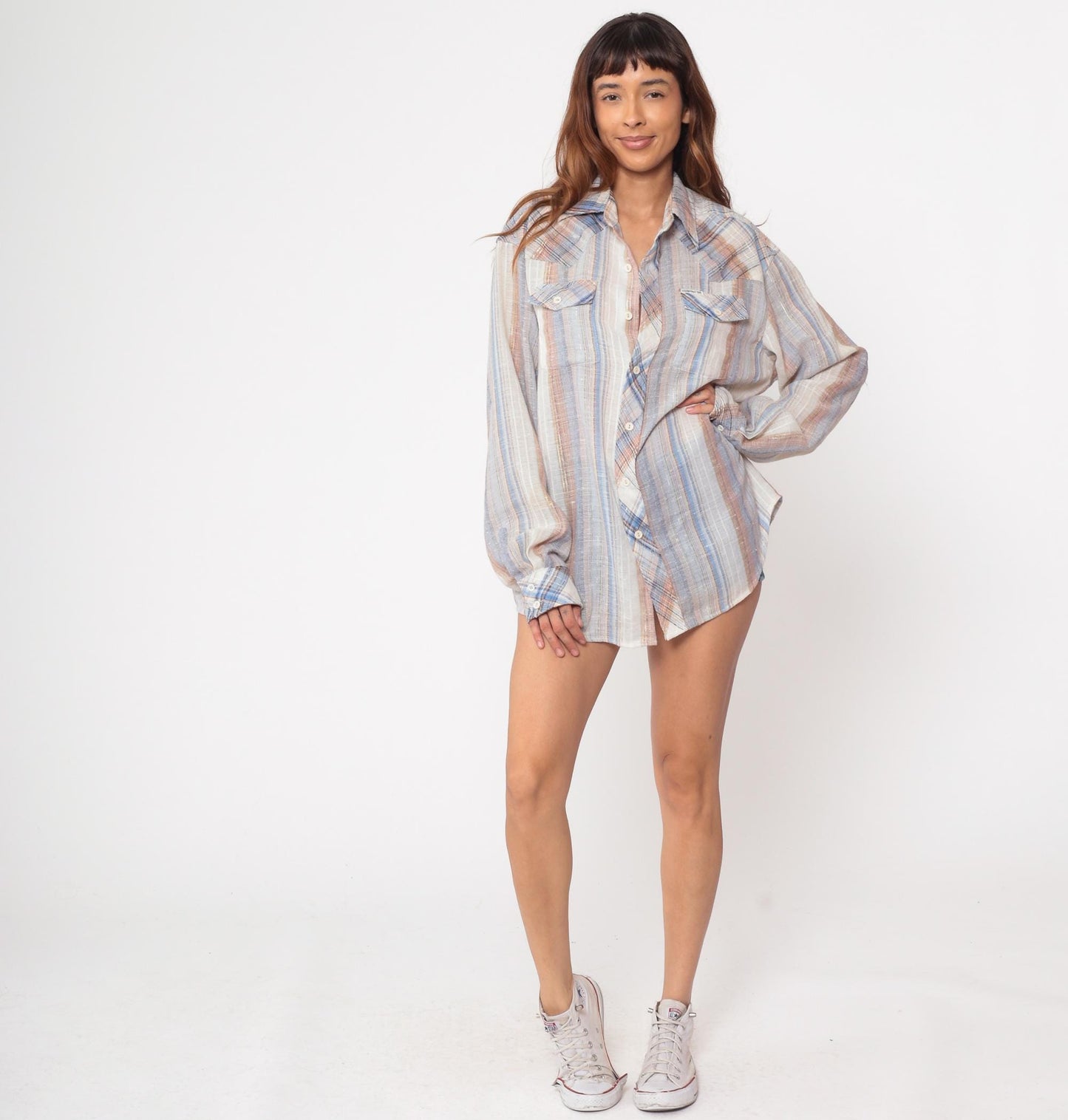 70s Kennington Western Shirt Pearl Snap Plaid Blue Peach Cotton Extra Large XL