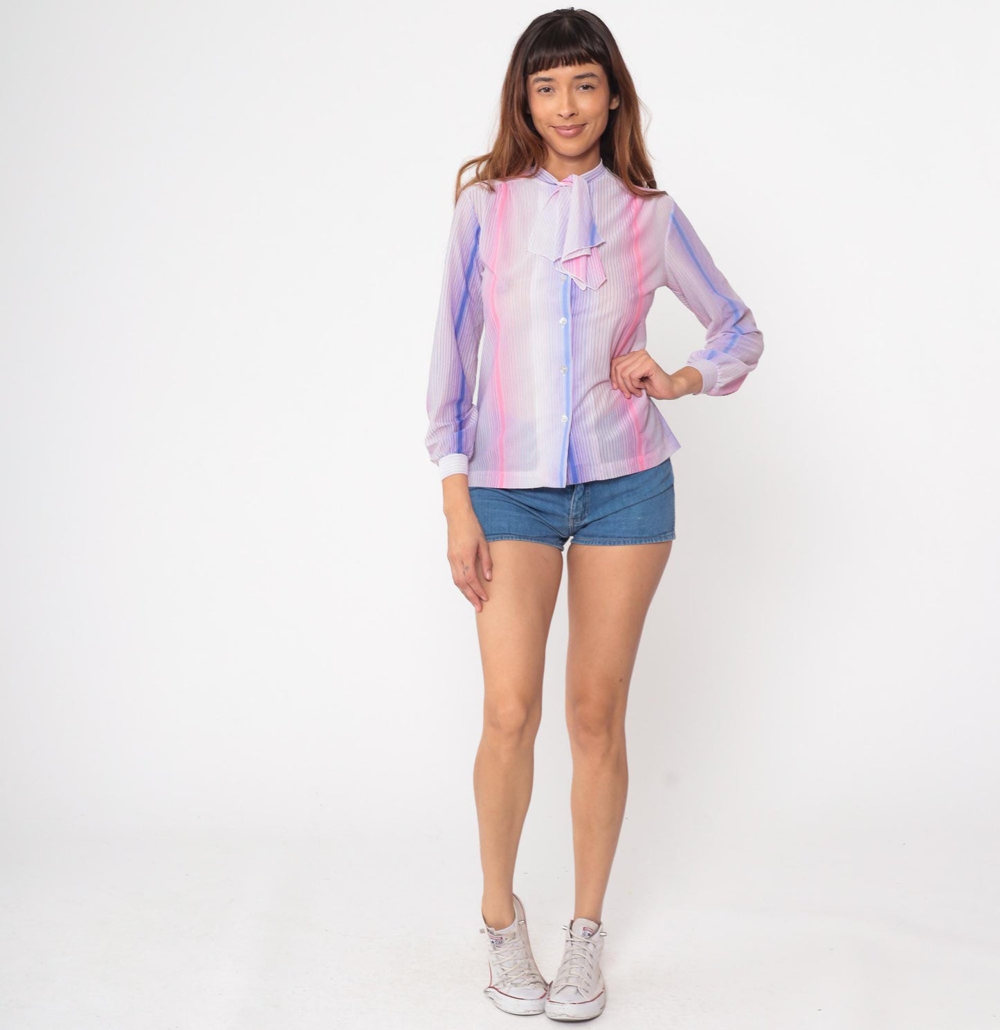 70s Alfred Dunner Striped Pussy Bow Blouse Pink Blue Button Up Small