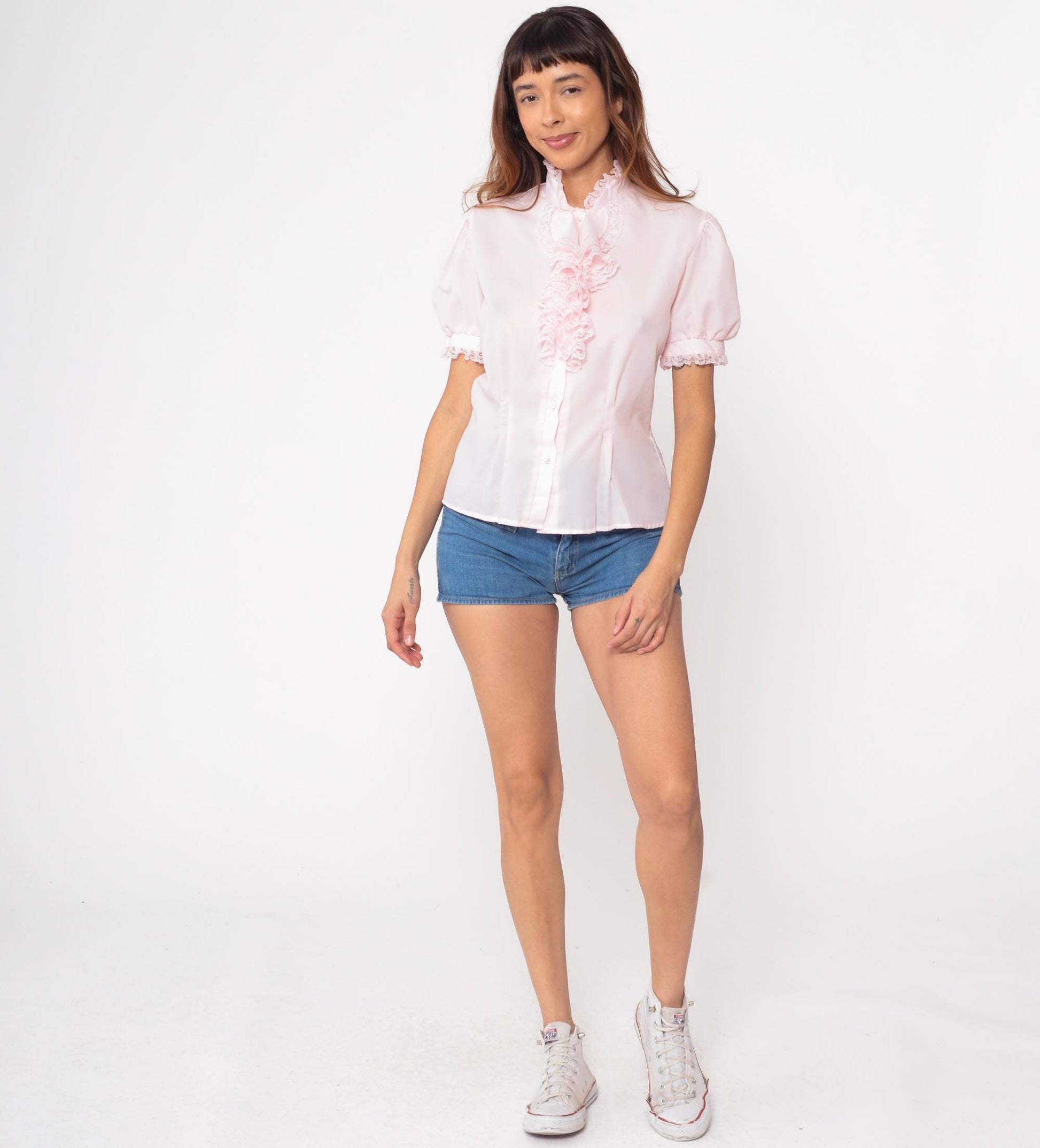 80s Pink Ruffle Lace Blouse Puff Sleeve Button Up Small