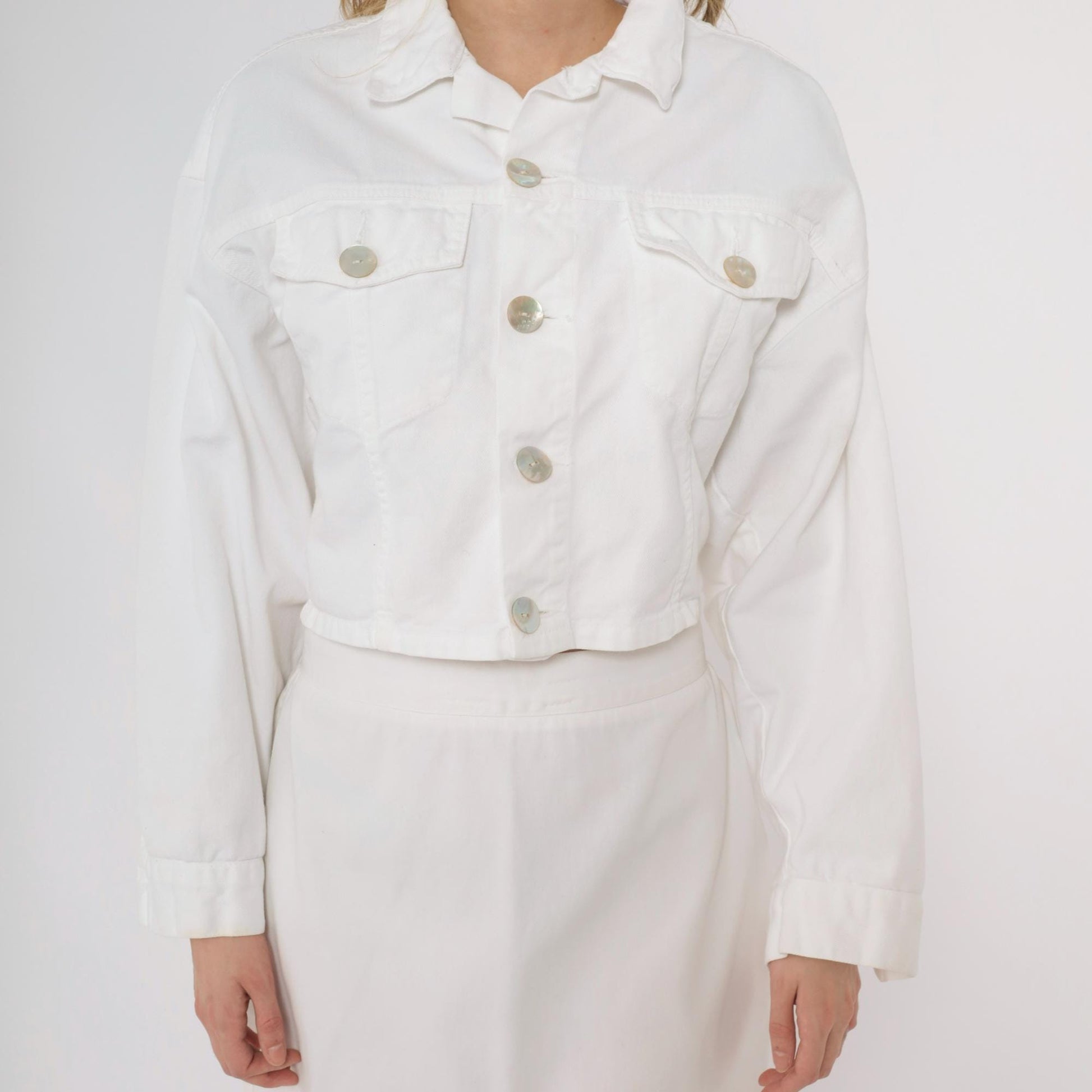 90s Bongo White Denim Crop Jacket Button Up Collar Medium M