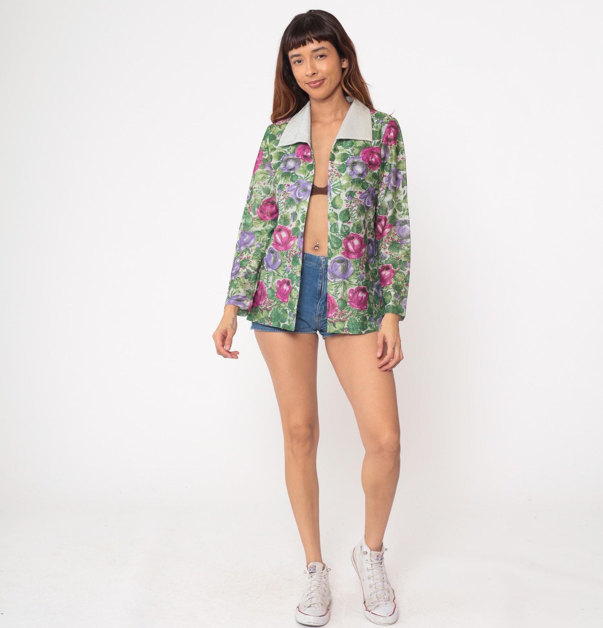 70s Floral Blazer Pink Purple Rose Print Light Green White Collar Small