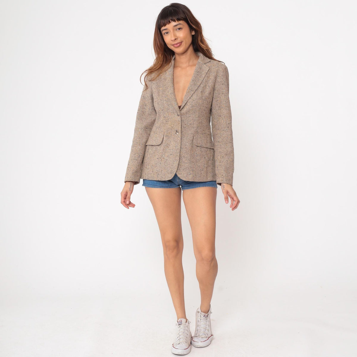 80s Tweed Blazer Oatmeal Beige Wool Blend Two-Button Tailored Jacket Small