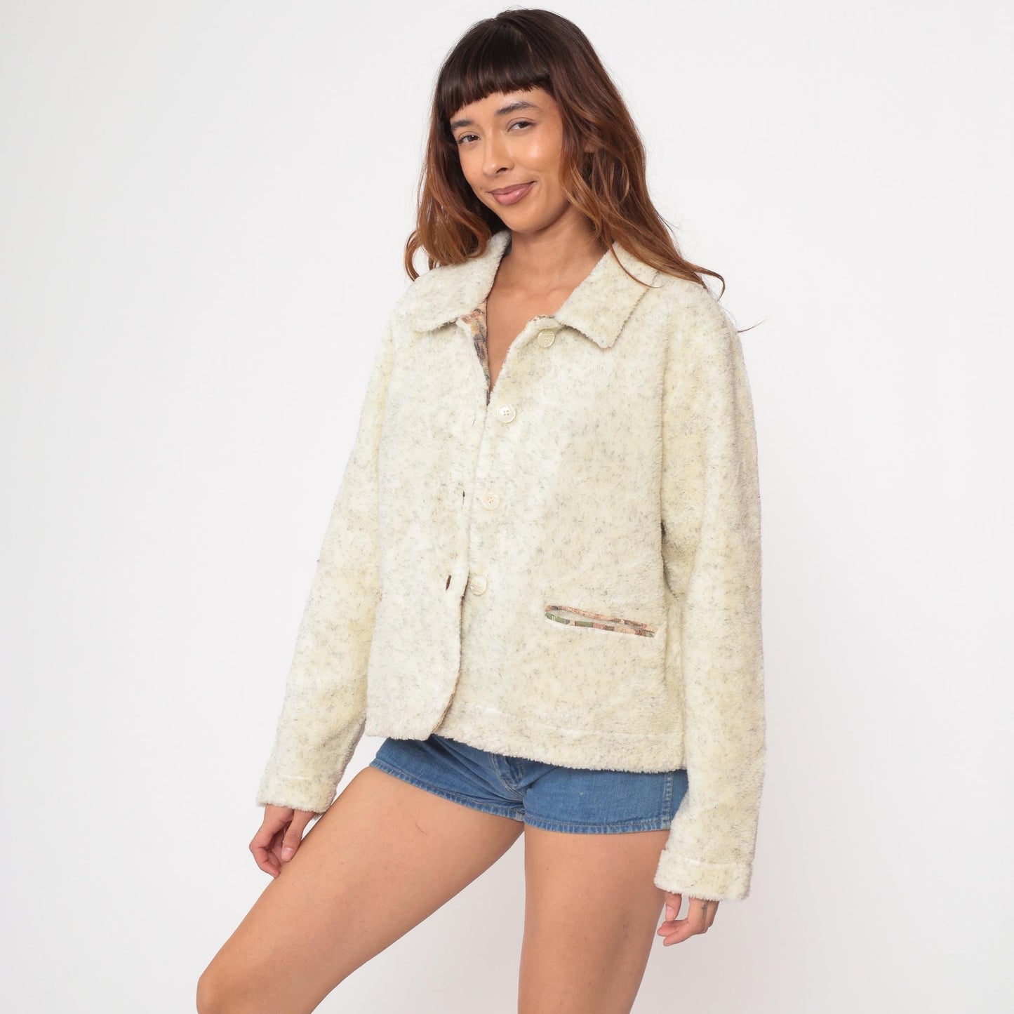 90s Cambridge Classics Cream Fleece Jacket Button Front Cropped Large L