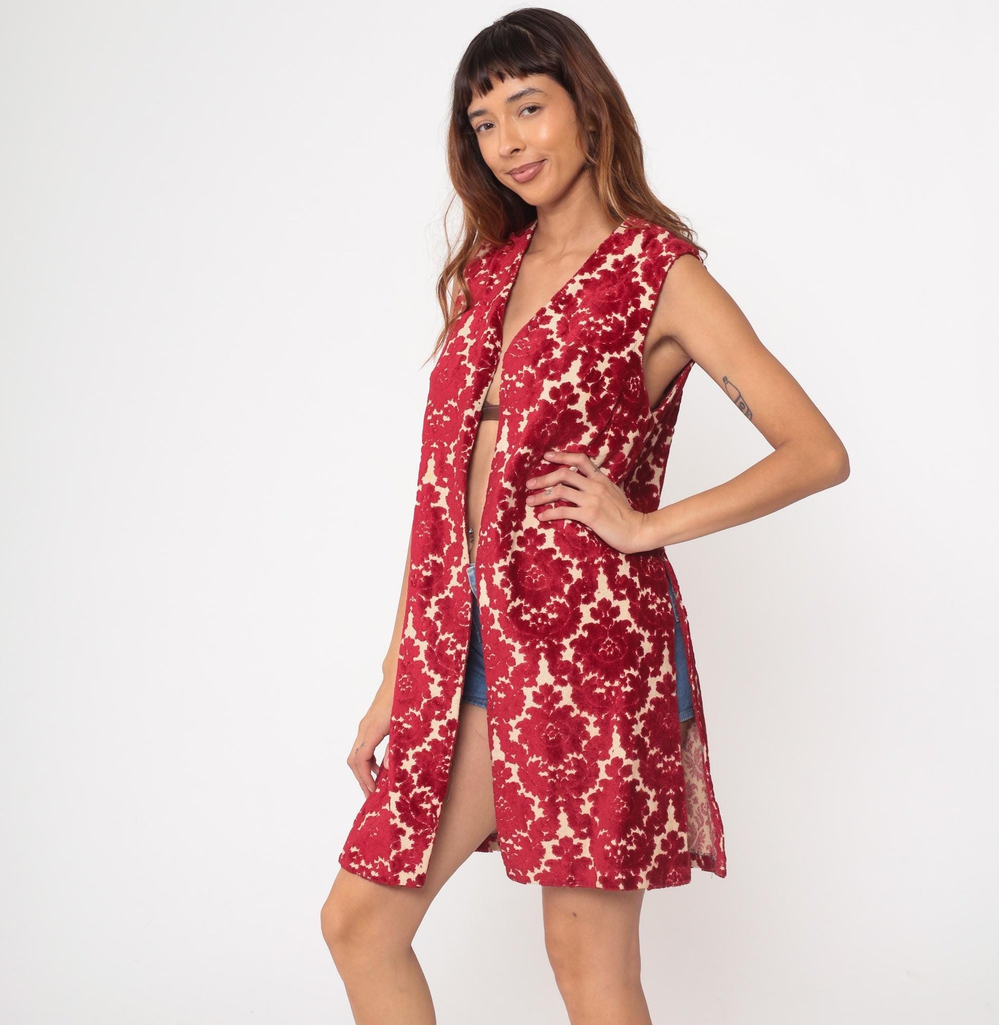 1970s VIP Red Velvet Floral Vest Sleeveless Long Open Front Small Medium