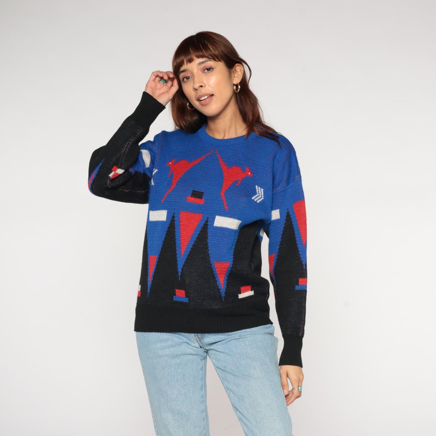 80s Hysport Australian Wool Sweater Kangaroo Geometric Colorblock Royal Blue Medium