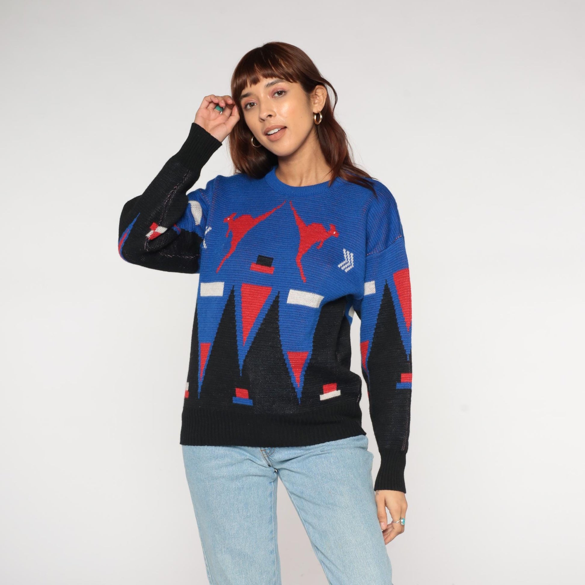 80s Hysport Australian Wool Sweater Kangaroo Geometric Colorblock Royal Blue Medium