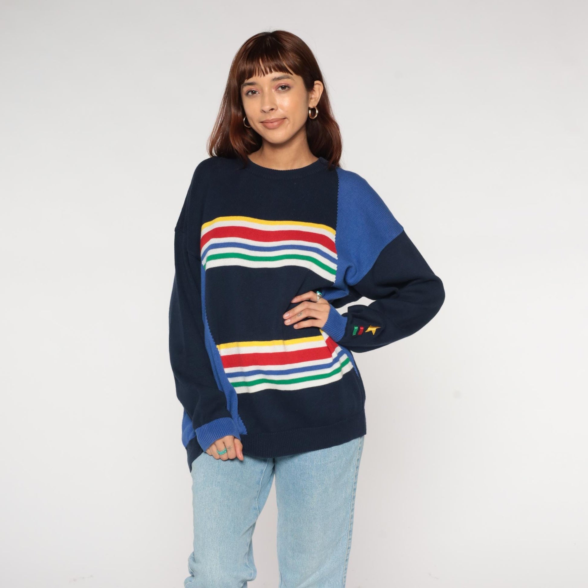 80s Navy Rainbow Stripe Knit Sweater Star Embroidered Colorblock Large