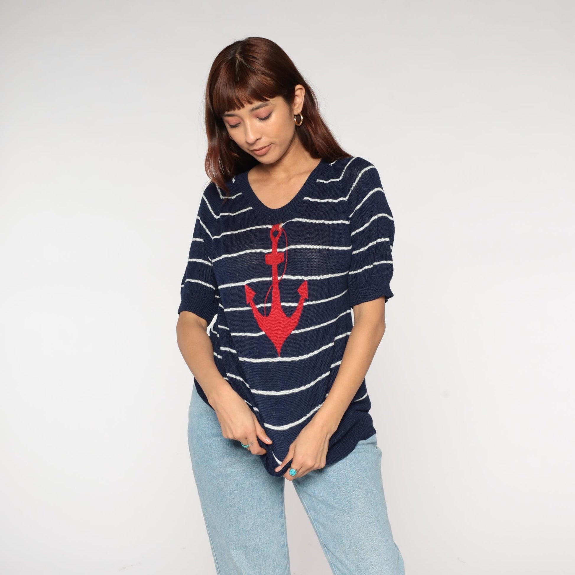 80s Nautical Anchor Sweater Navy White Striped Red Short Sleeve Medium