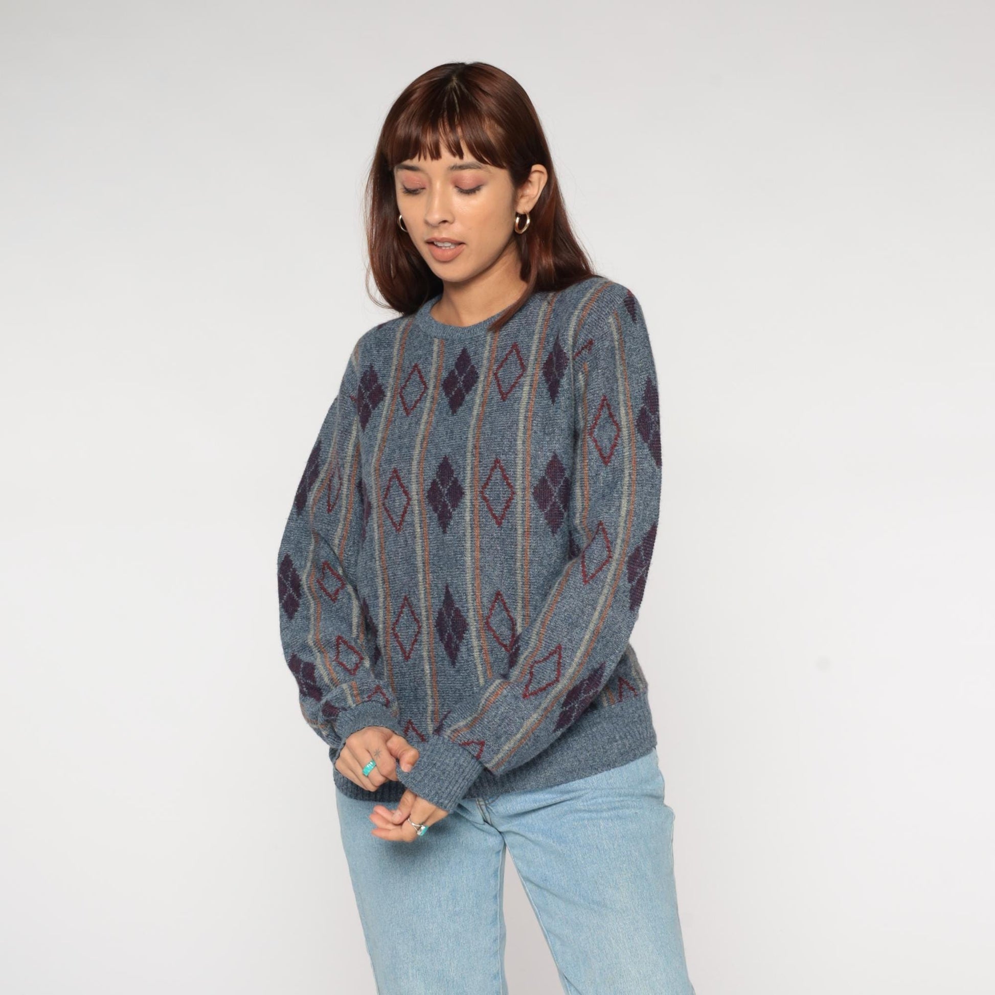 80s Diamond Argyle Wool Mohair Sweater Crewneck Blue Burgundy Medium