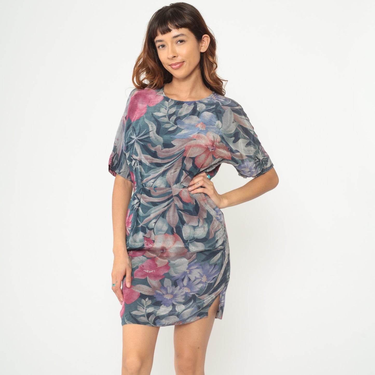 90s Watercolor Floral Mini Dress Teal Pink Rayon Flutter Sleeve Medium M