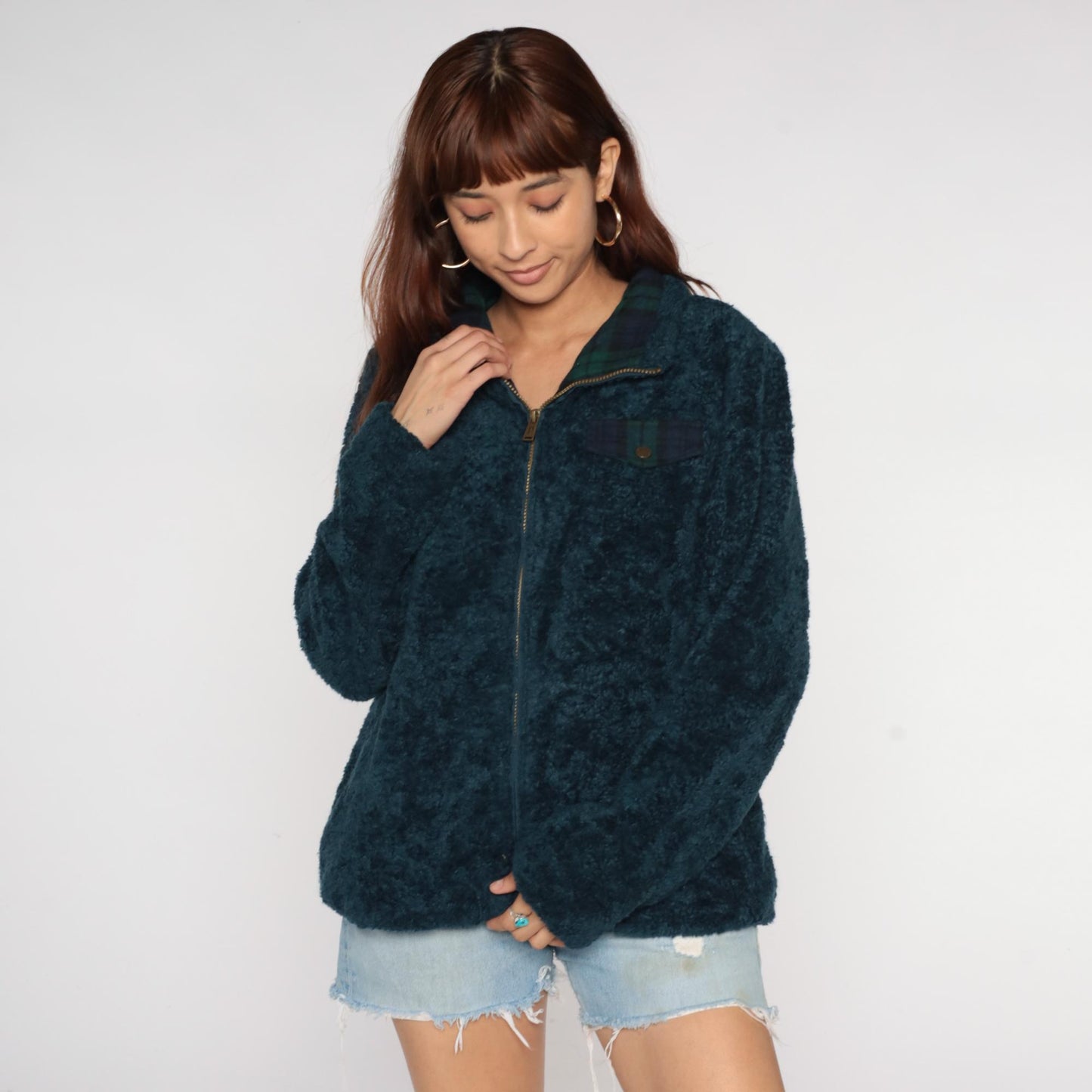 Pendleton Y2K Teal Fleece Jacket Plaid Collar Zip Large L