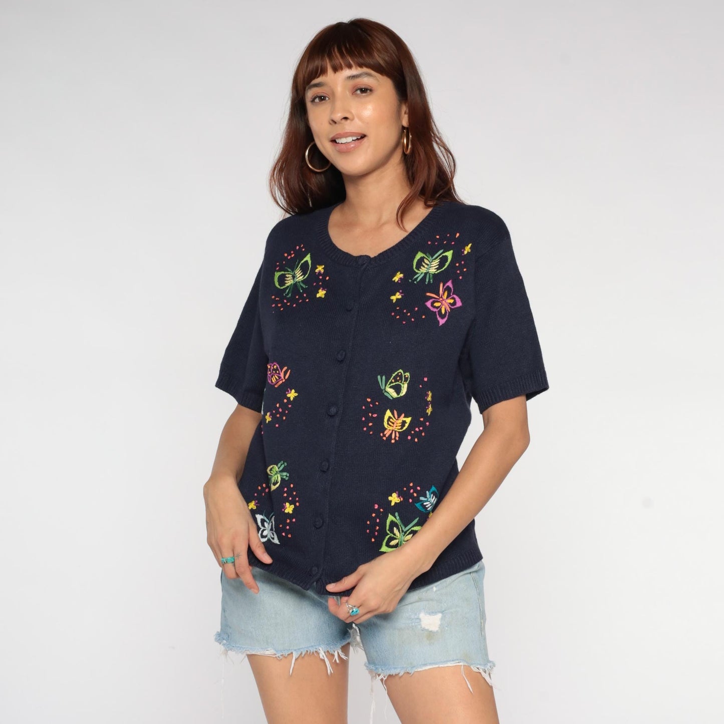 90s Navy Embroidered Butterfly Cardigan Short Sleeve Button Front Large L