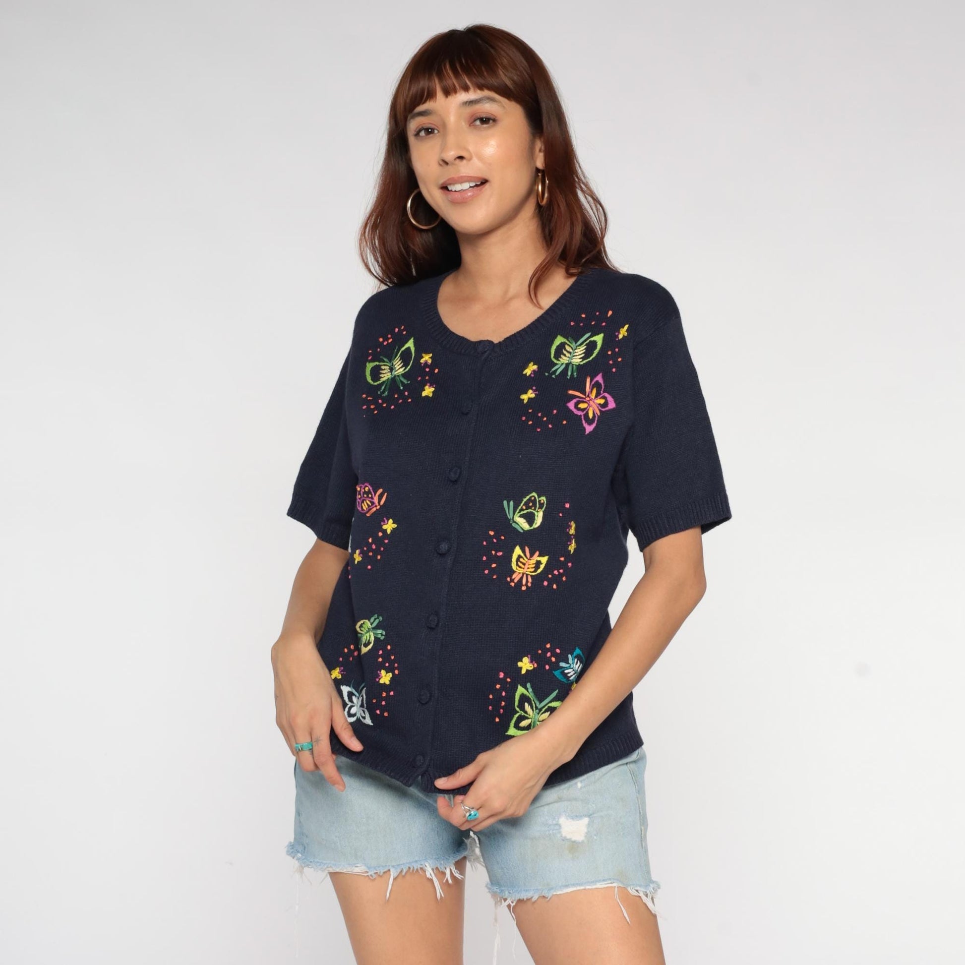 90s Navy Embroidered Butterfly Cardigan Short Sleeve Button Front Large L