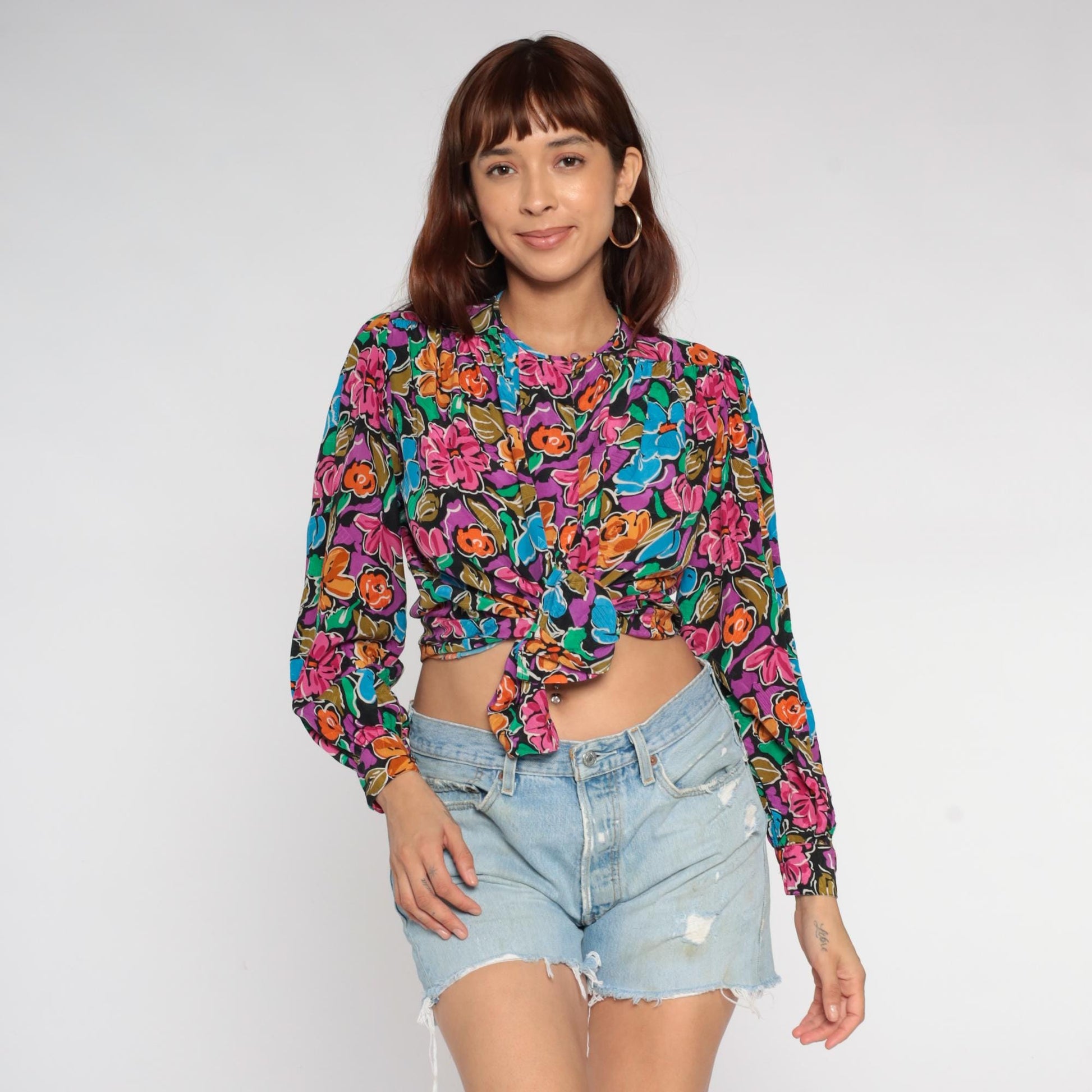 90s Silk Floral Blouse Jewel Neckline Long Sleeve Multicolor Small S
