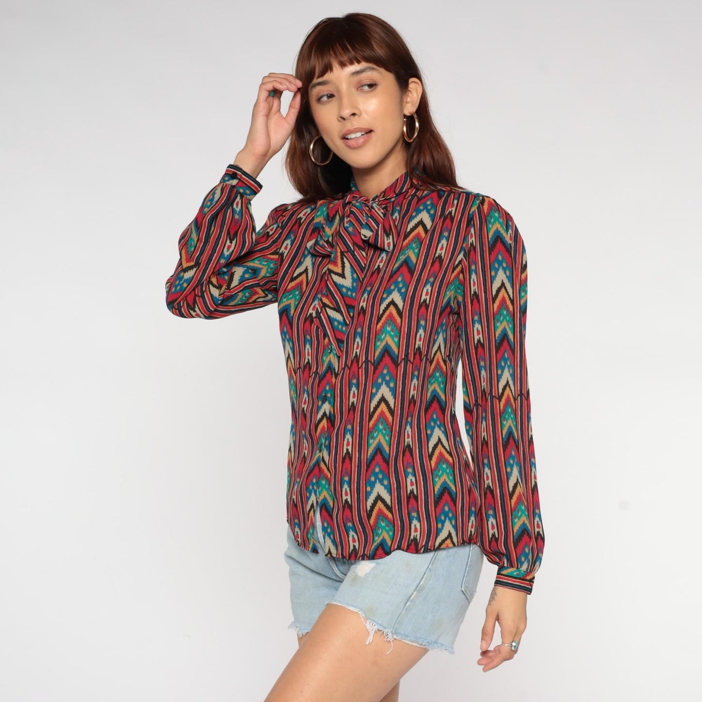 90s Regina Porter Geometric Chevron Blouse Neck Tie Multicolor Medium