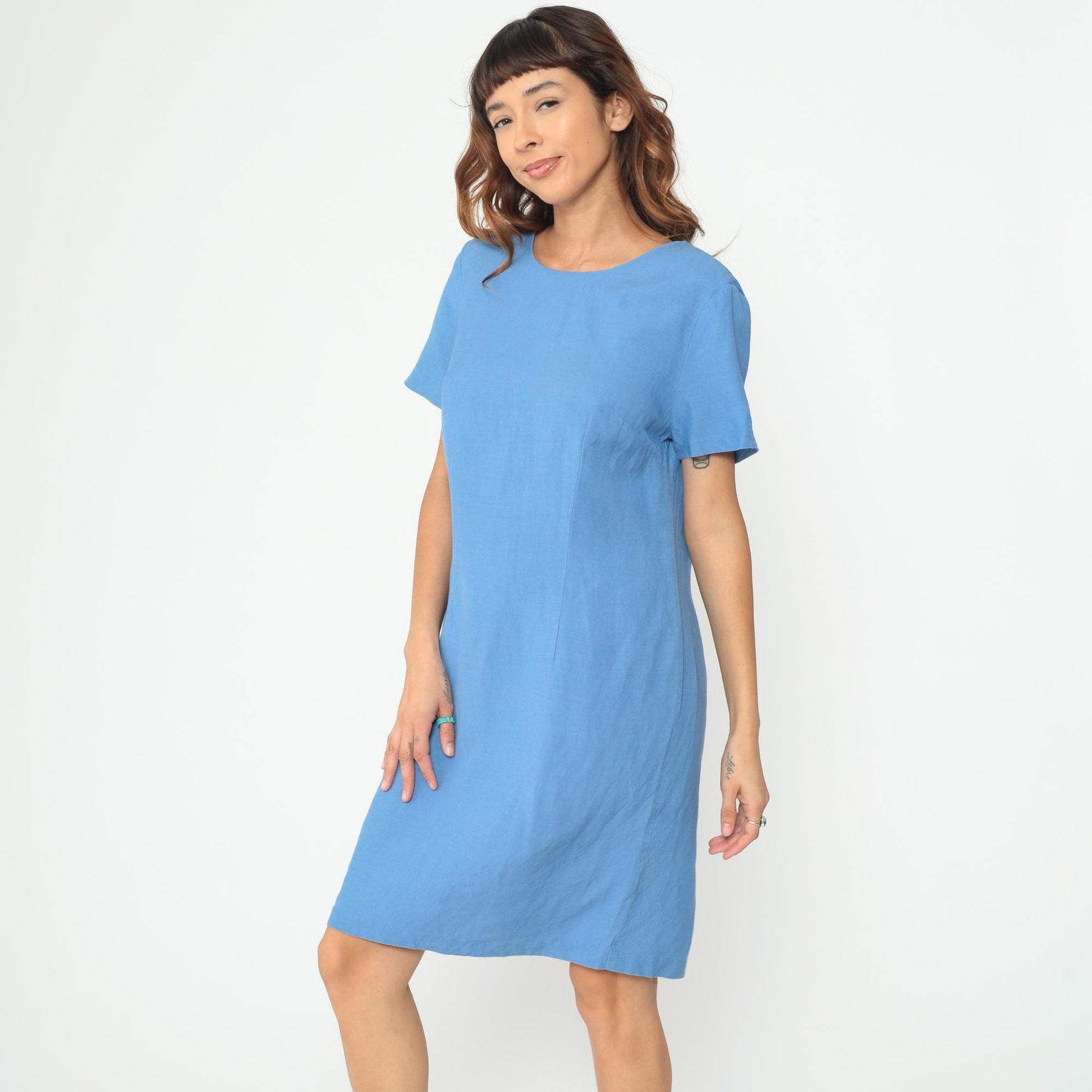 Y2K Blue Shift Dress Short Sleeve Crew Neck Midi Large L