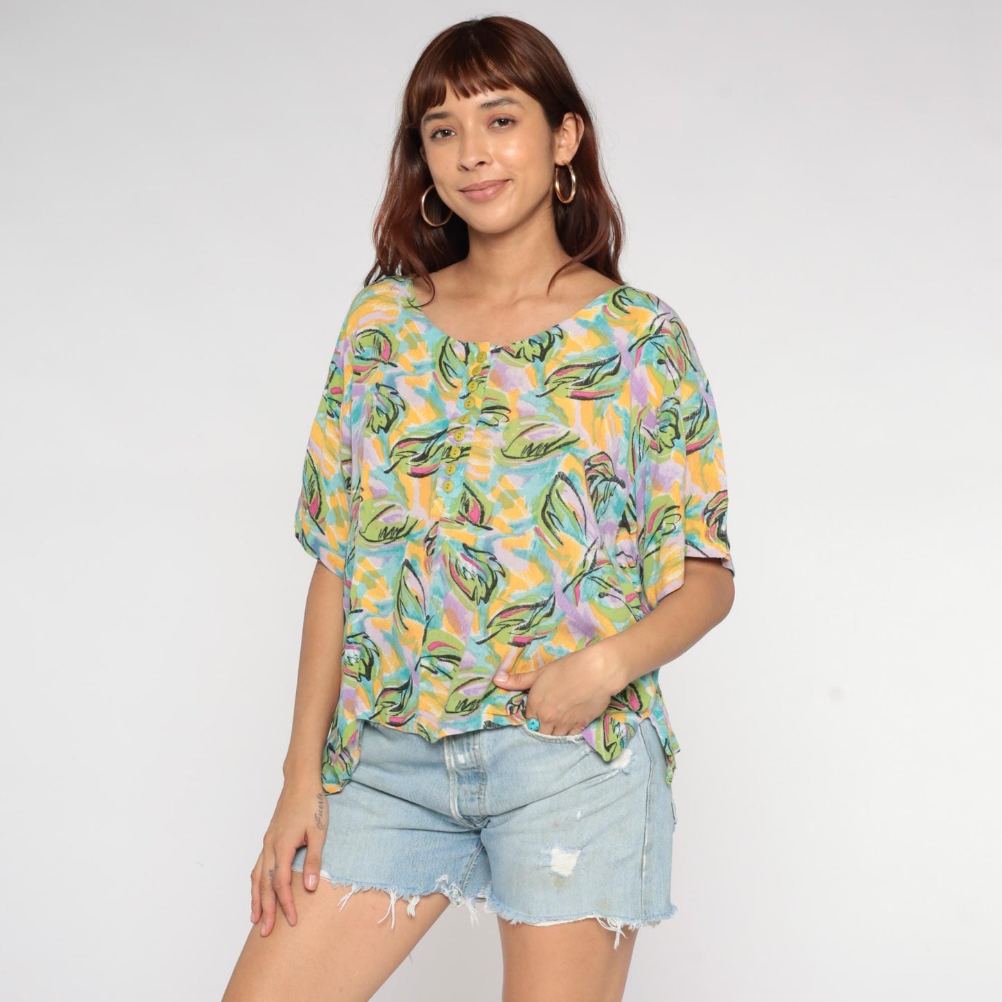 90s Forenza Tropical Leaf Print Button-Up Blouse Short Sleeve Medium M