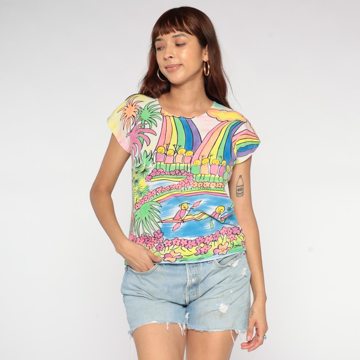 90s Rainbow Tropical Waterfall T-Shirt Cotton Graphic Tee Medium M