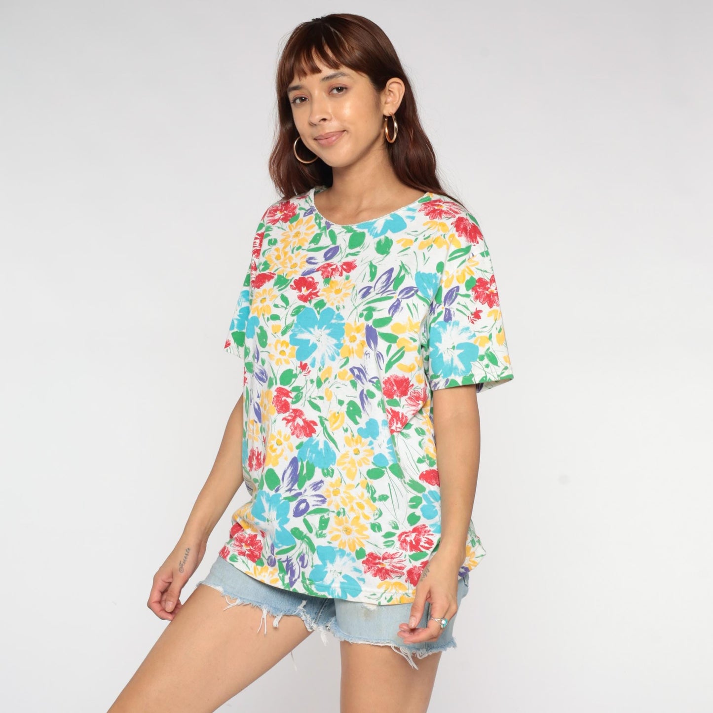 90s Basic Editions Floral T-Shirt Multicolor Watercolor Daisy White Large L