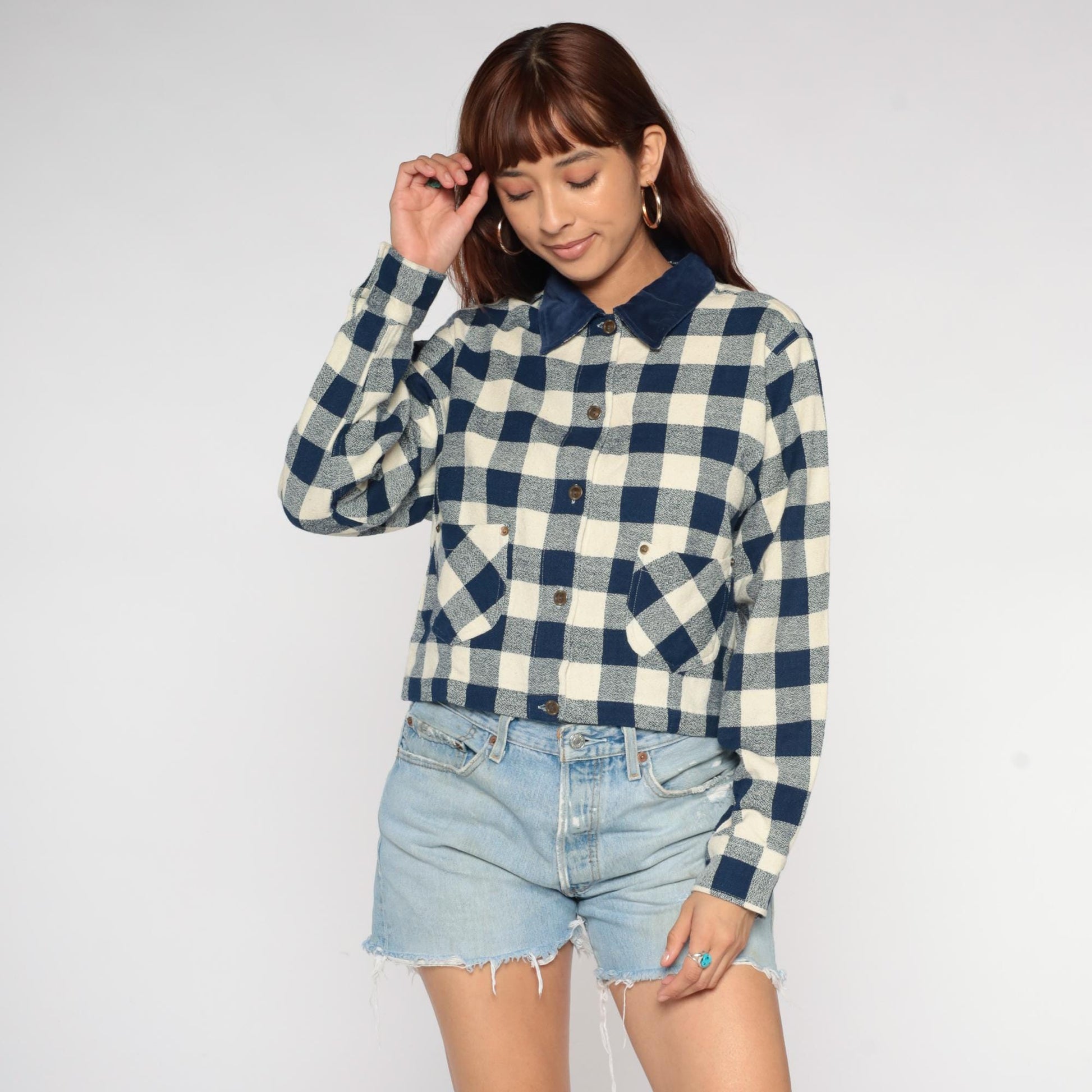 90s Commotion Buffalo Check Flannel Shirt Navy Cream Cropped Large L