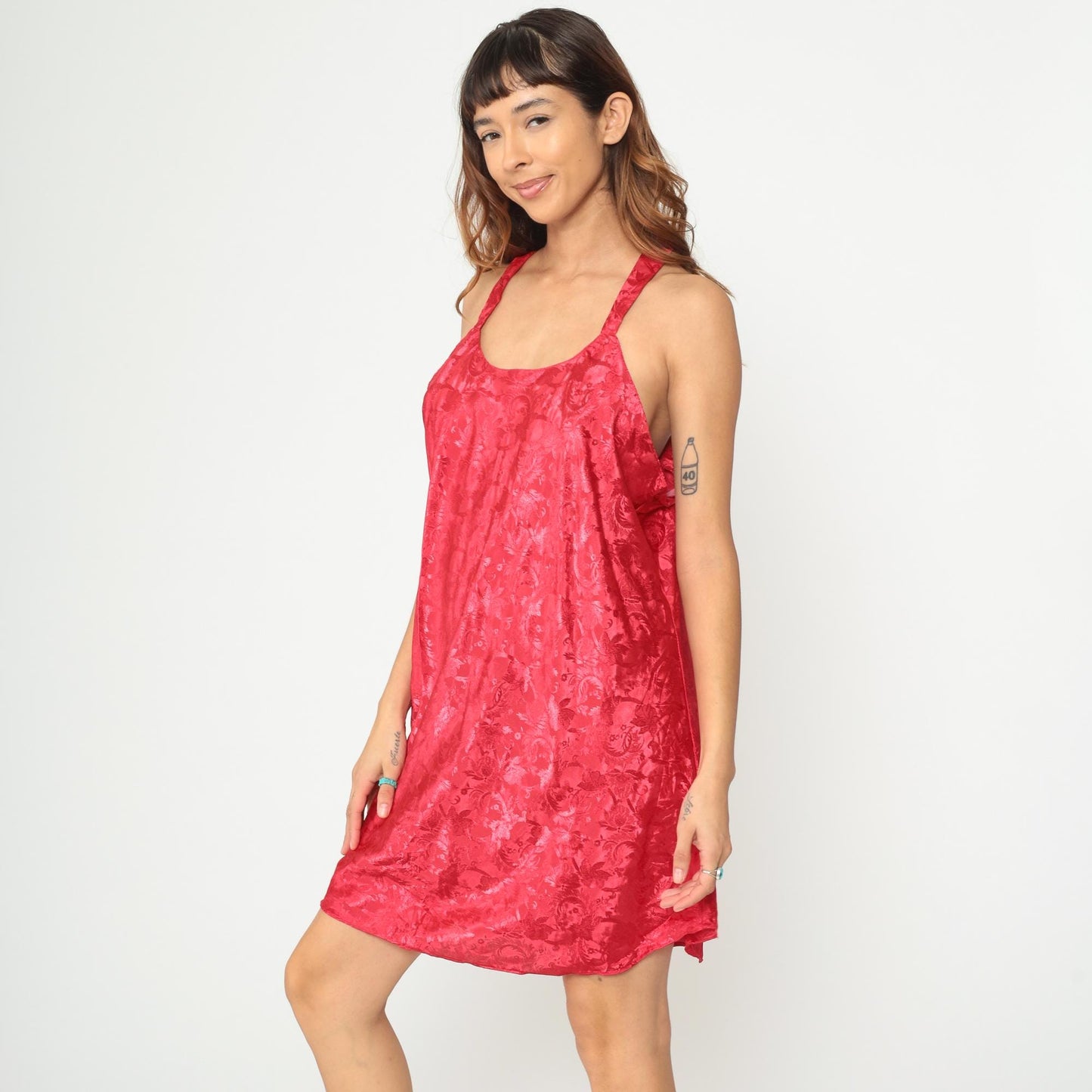 90s Red Slip Dress Embossed Floral Racerback Mini Plus Size XXL
