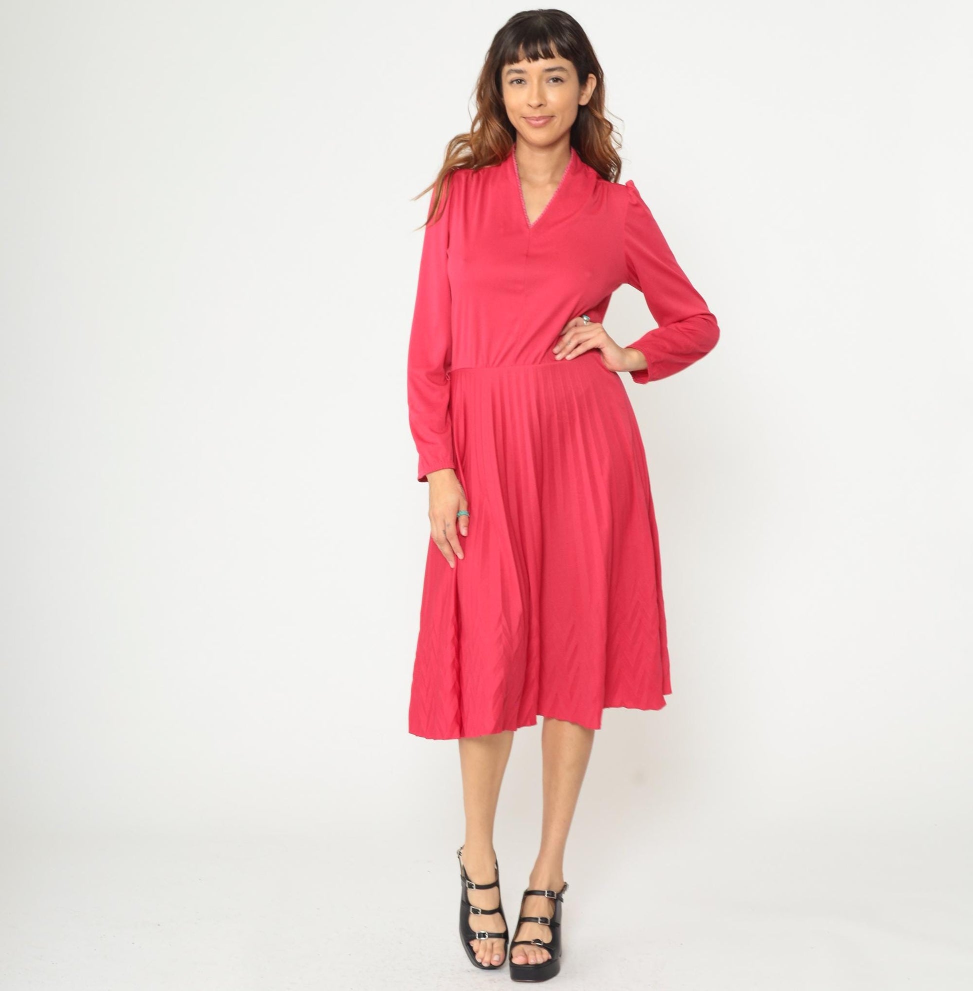 80s Tomato Red Midi Dress V-Neck Pleated Skirt Long Sleeve Medium