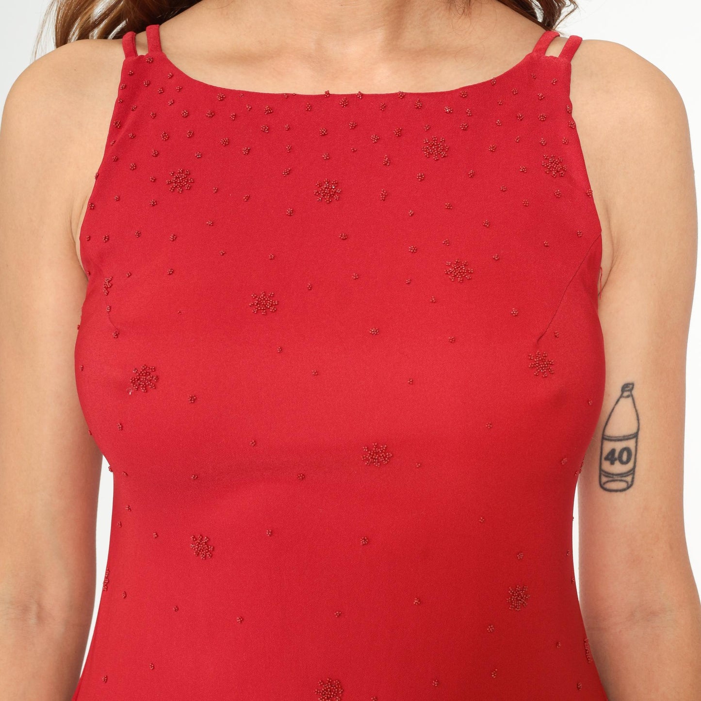 90s Red Mini Dress Beaded Bodycon Sleeveless Scoop Neck Small S