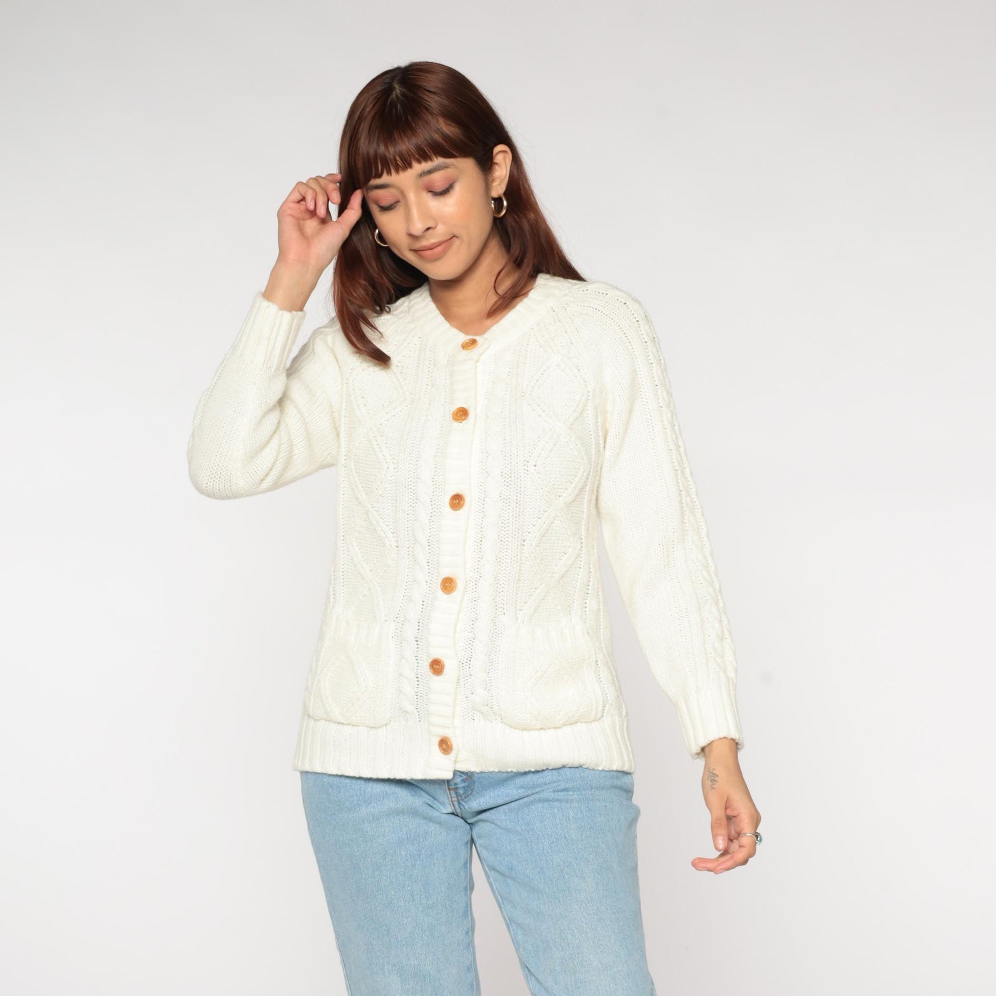 70s Knitivo Cable Knit Cardigan Cream Wood Buttons Pockets Medium M