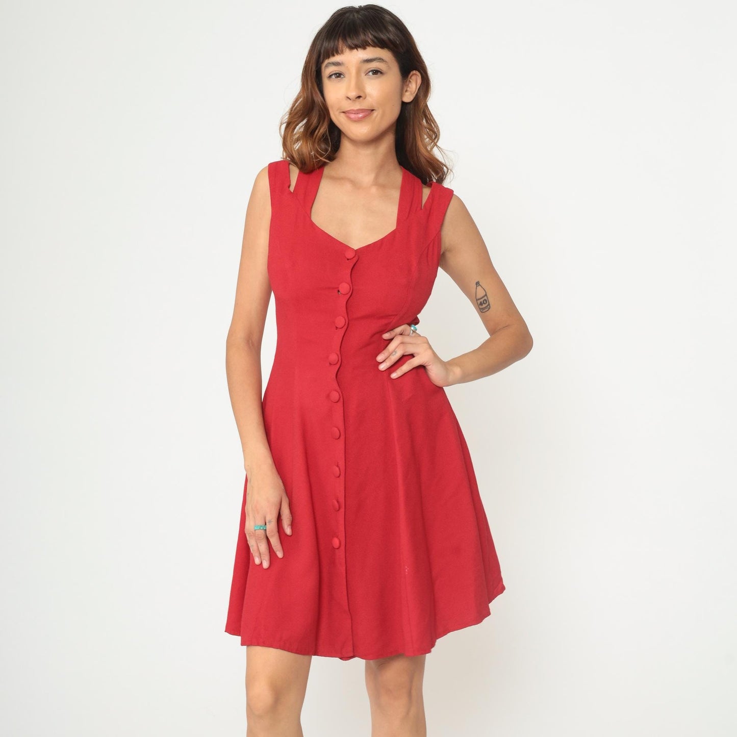 90s Tomato Red Mini Dress Cross-Back Button Front Sweetheart Neckline Small