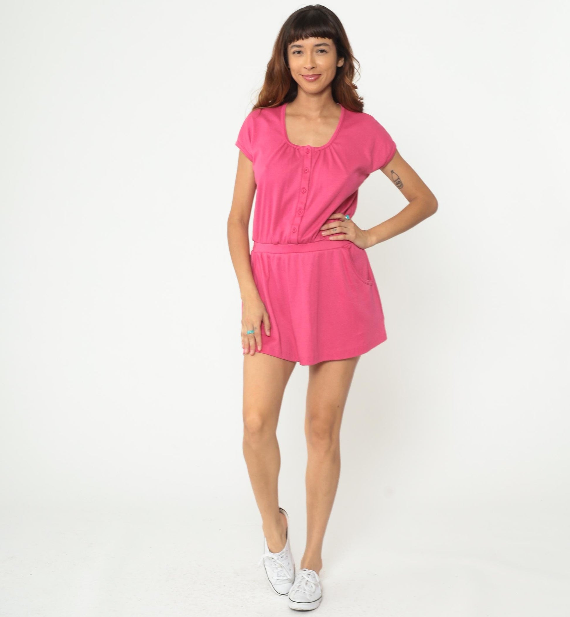 80s Hot Pink Mini Dress Cotton Blend Scoop Neck Side Pockets A-Line Medium M