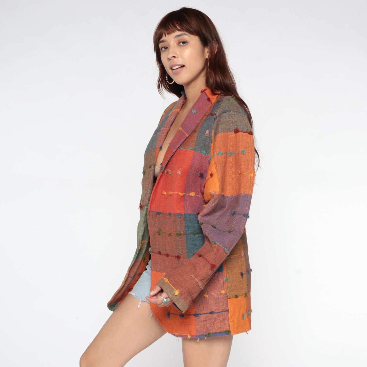 90s Patchwork Cotton Jacket Multicolor Block Button Front Medium M