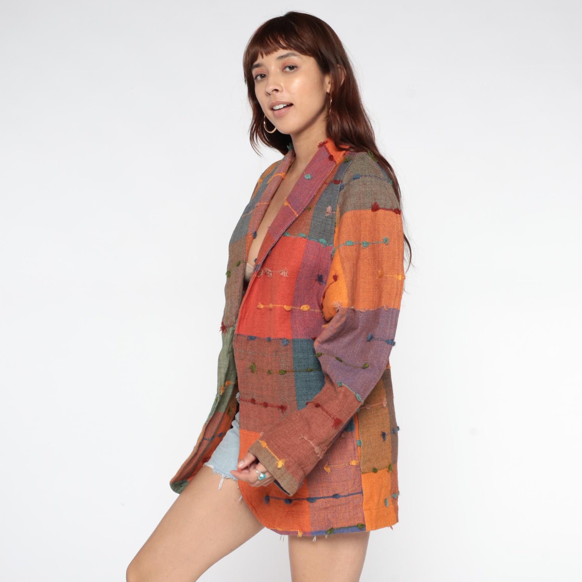 90s Patchwork Cotton Jacket Multicolor Block Button Front Medium M