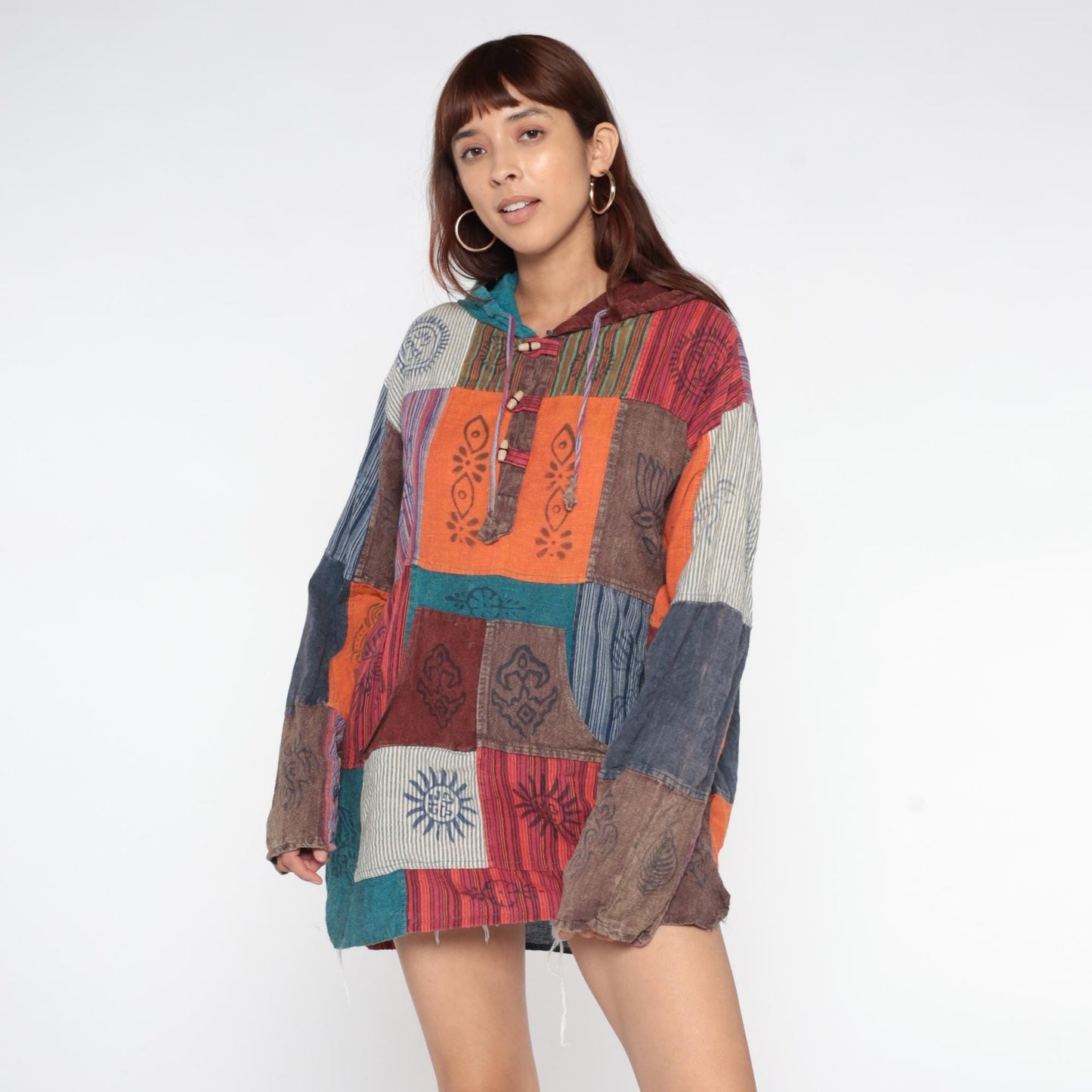 Y2K Patchwork Hoodie Block Print Cotton Button Front Medium Large