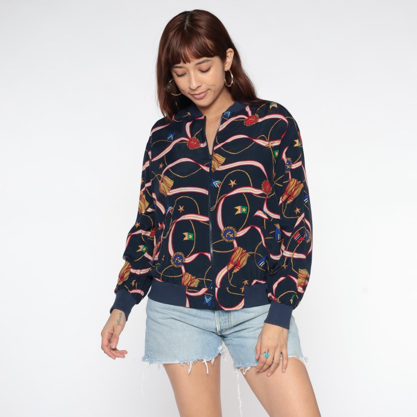 90s Alfred Dunner Nautical Bomber Jacket Navy Multicolor Medium
