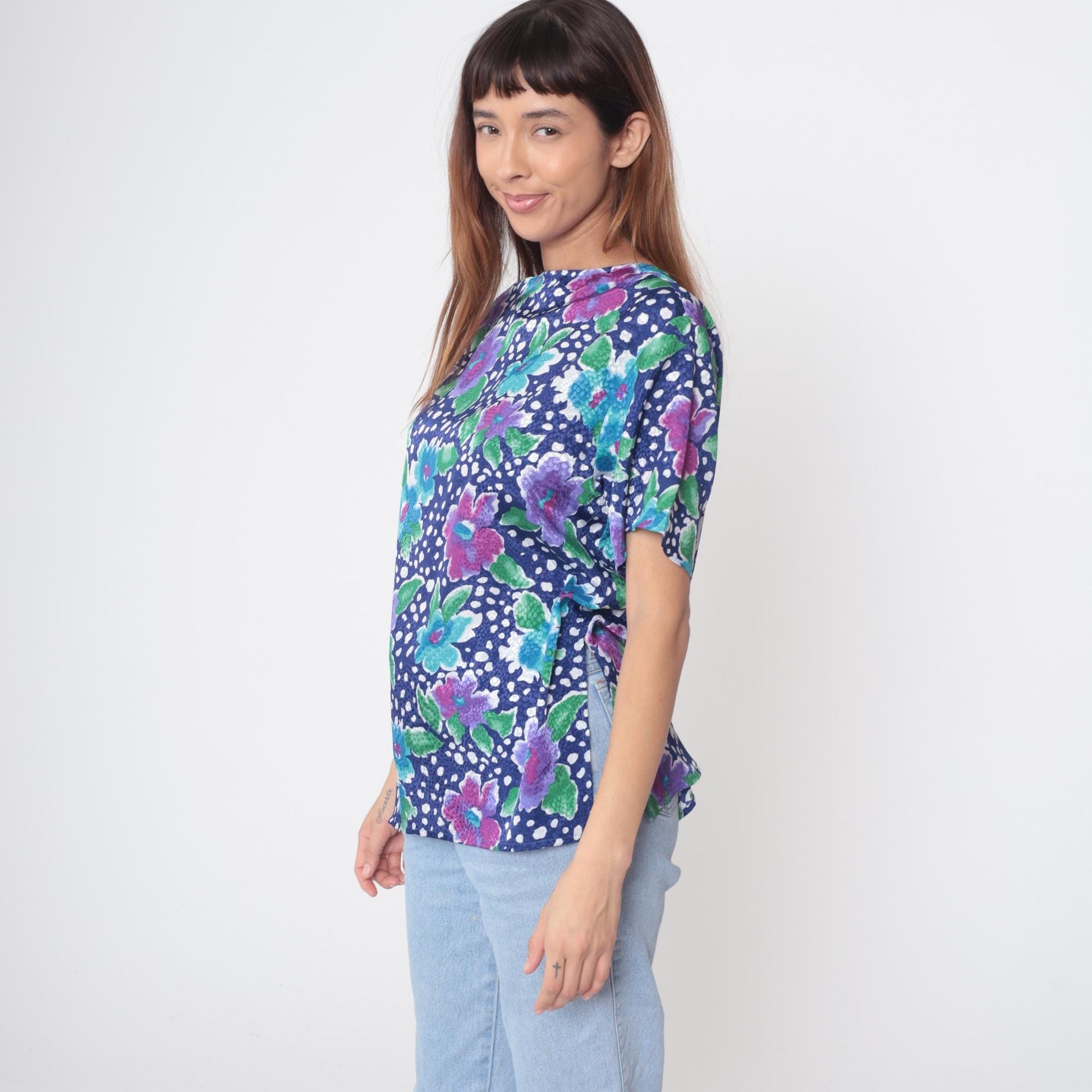 90s Sybil California Floral Polka Dot Blouse Navy Short Sleeve Medium