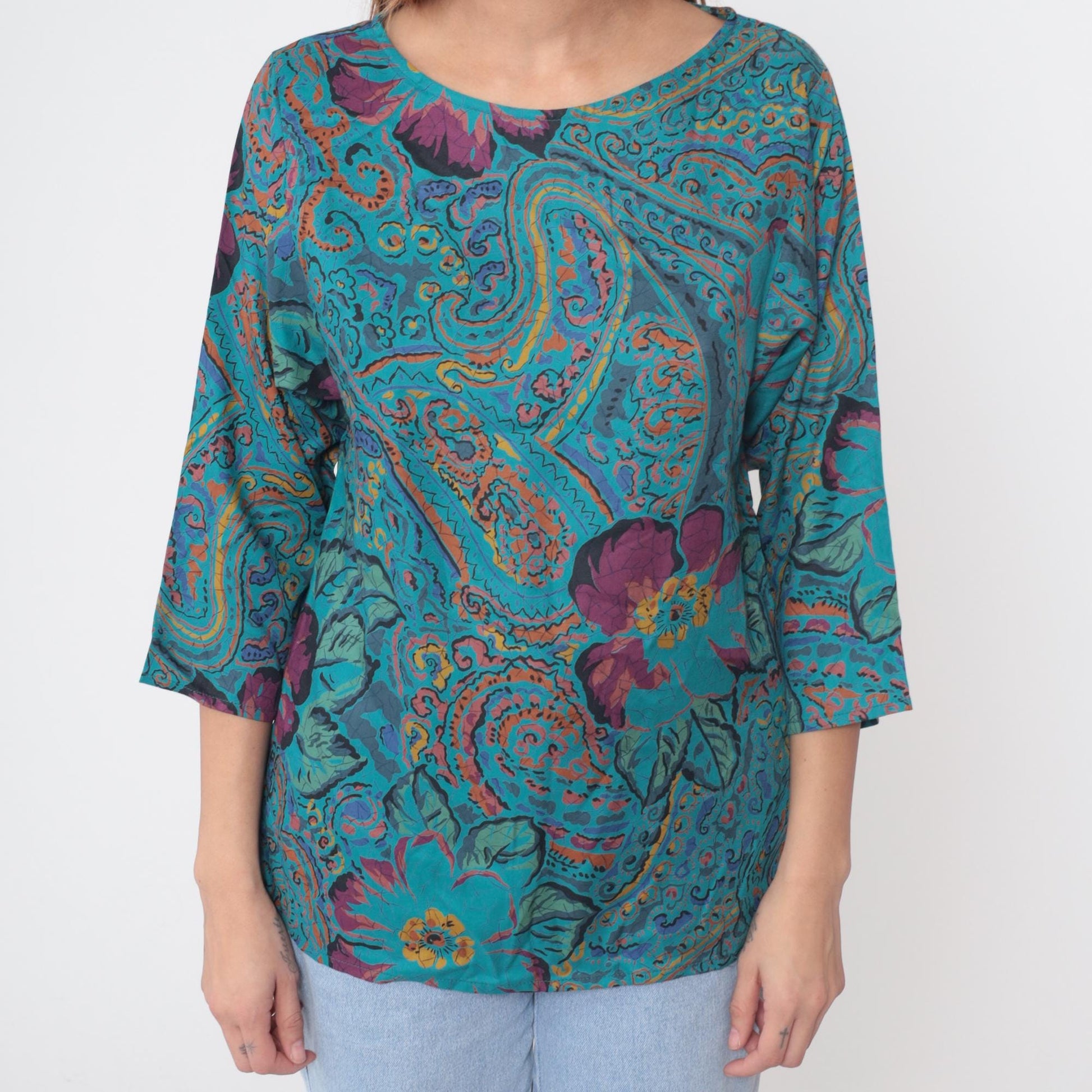 90s Bianca Paisley Floral Blouse Teal Purple Orange Rayon Medium